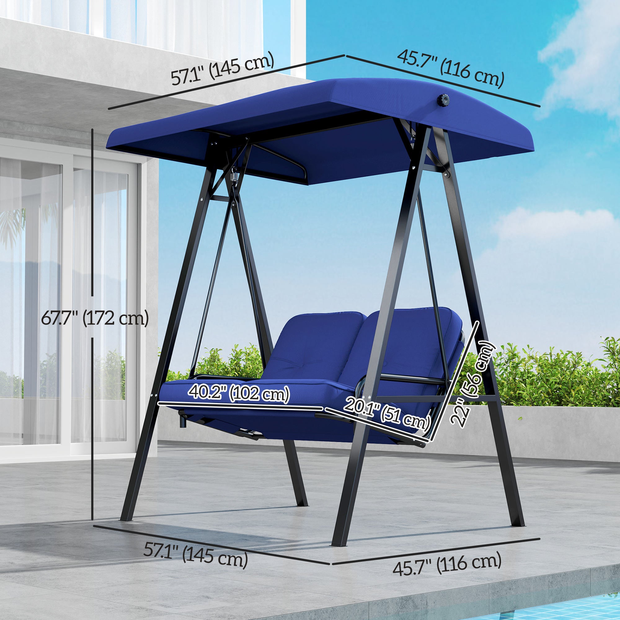 Outsunny 2 Seater Covered Outdoor Swing Chair Porch Swing Bench Lounger Hammock with Removable Cushion Tilt Canopy, Dark Blue
