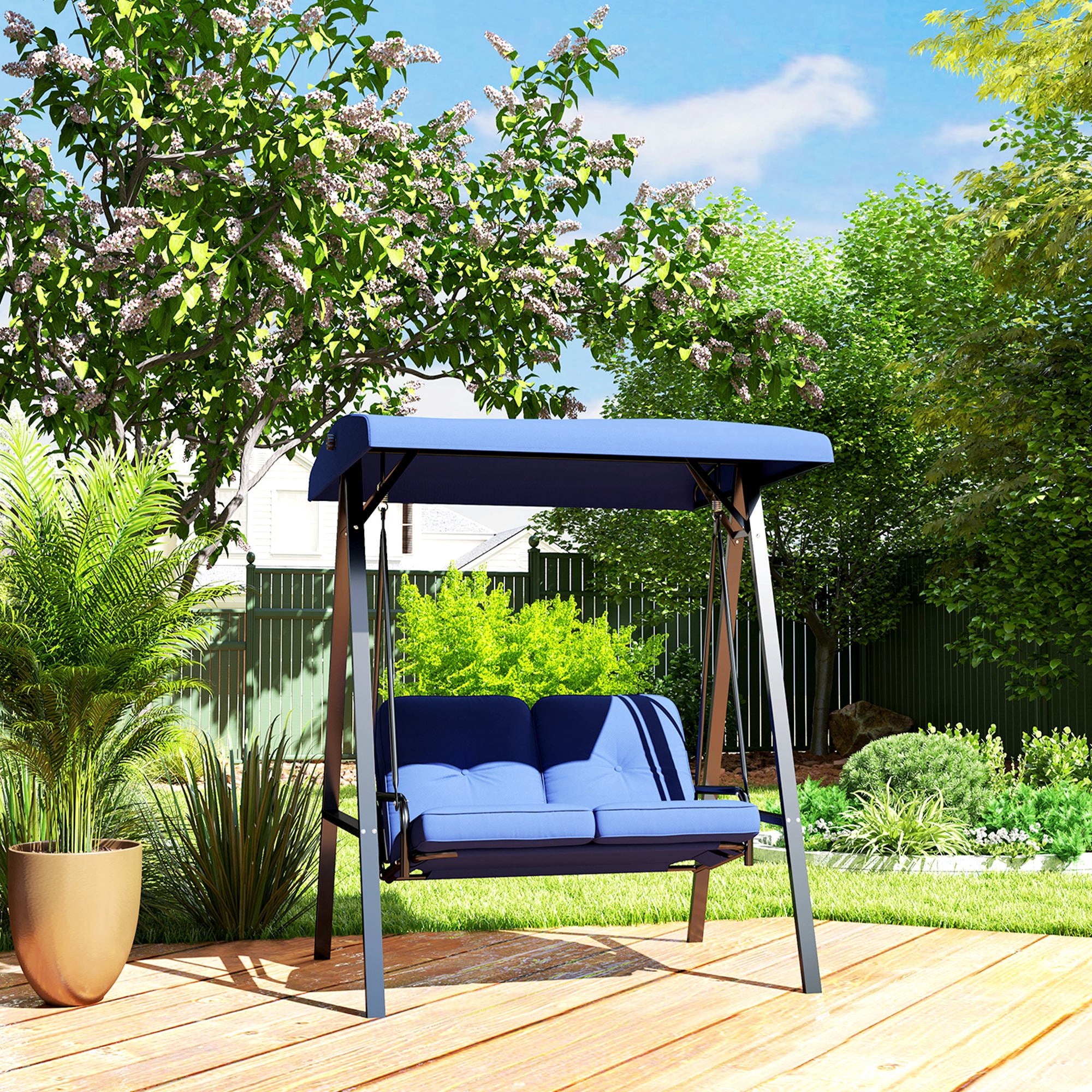 Outsunny 2 Seater Covered Outdoor Swing Chair Porch Swing Bench Lounger Hammock with Removable Cushion Tilt Canopy, Dark Blue