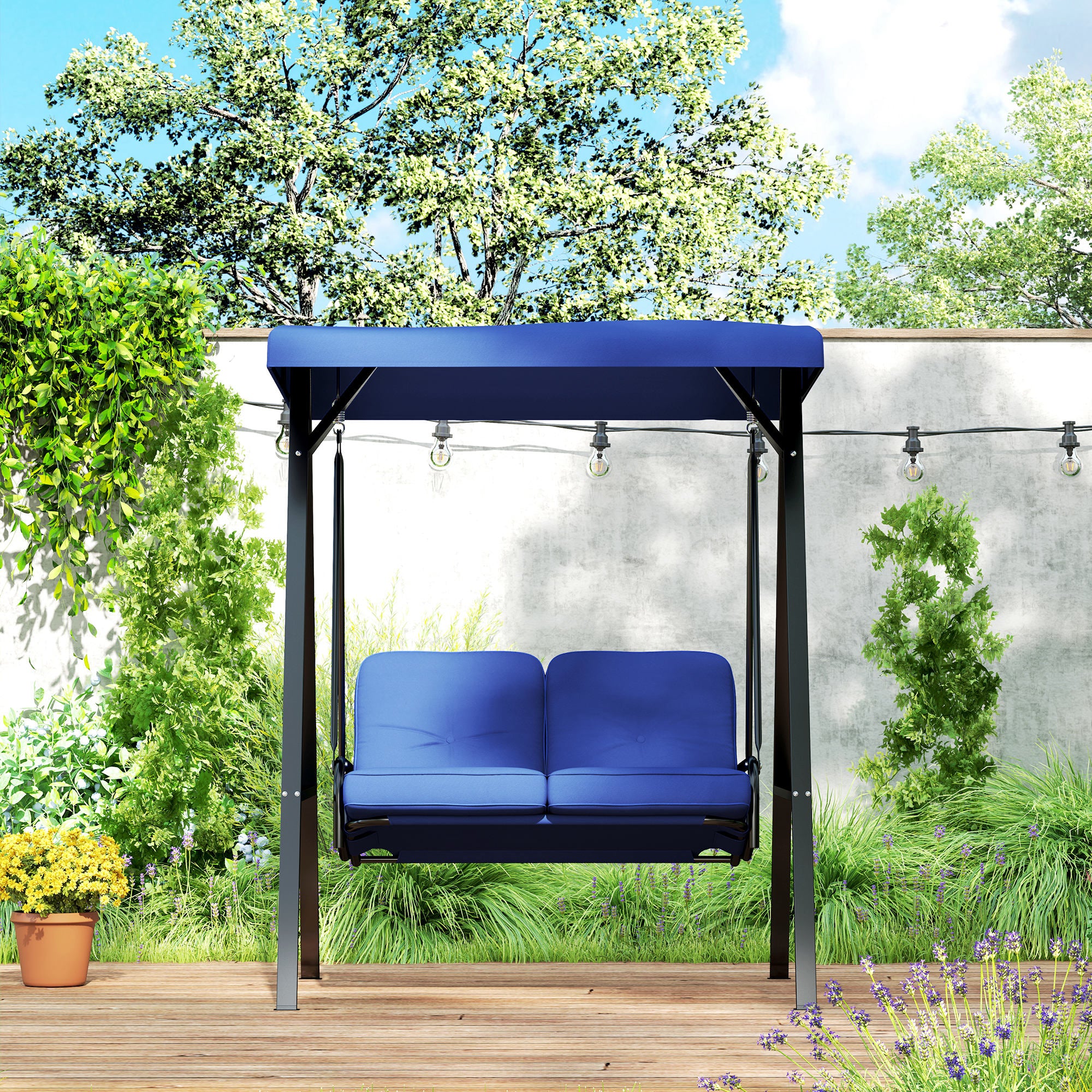 Outsunny 2 Seater Covered Outdoor Swing Chair Porch Swing Bench Lounger Hammock with Removable Cushion Tilt Canopy, Dark Blue