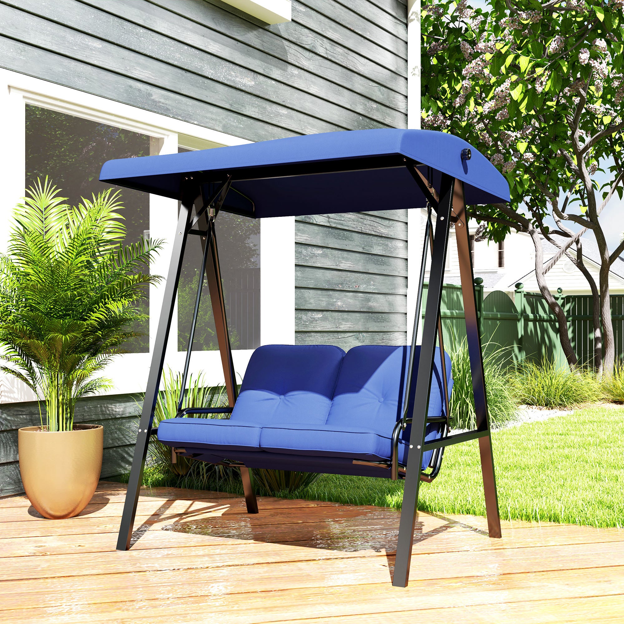 Outsunny 2 Seater Covered Outdoor Swing Chair Porch Swing Bench Lounger Hammock with Removable Cushion Tilt Canopy, Dark Blue