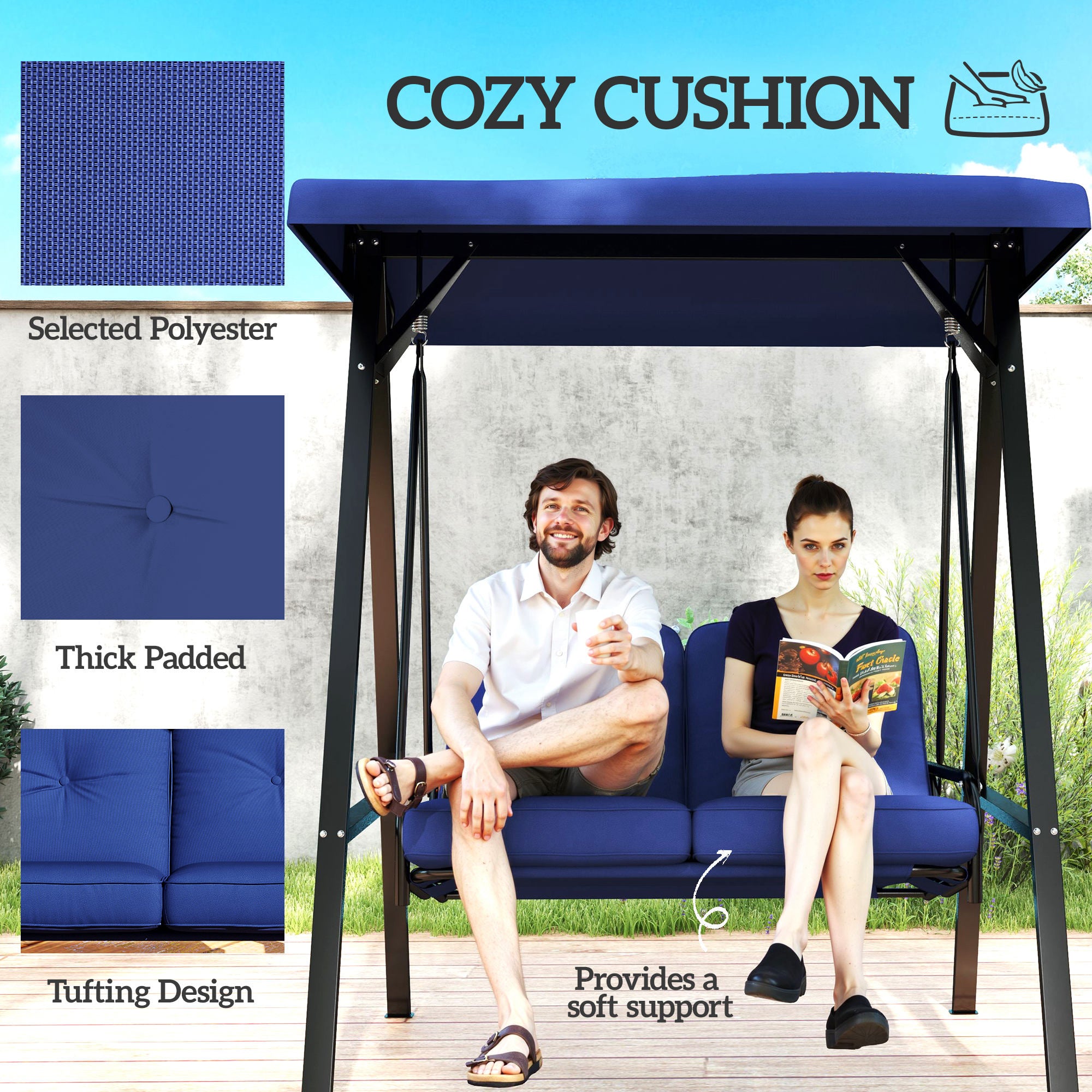 Outsunny 2 Seater Covered Outdoor Swing Chair Porch Swing Bench Lounger Hammock with Removable Cushion Tilt Canopy, Dark Blue