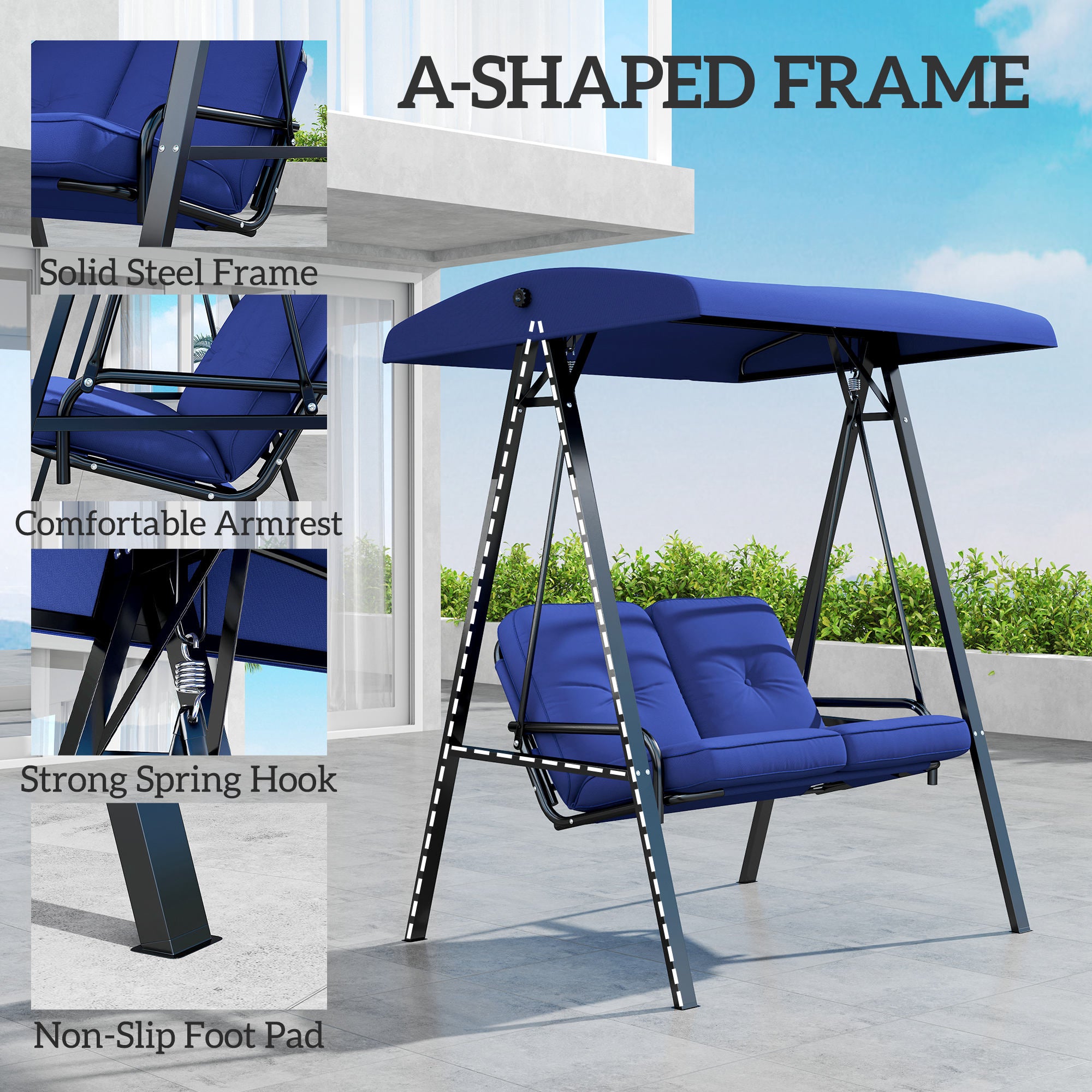 Outsunny 2 Seater Covered Outdoor Swing Chair Porch Swing Bench Lounger Hammock with Removable Cushion Tilt Canopy, Dark Blue