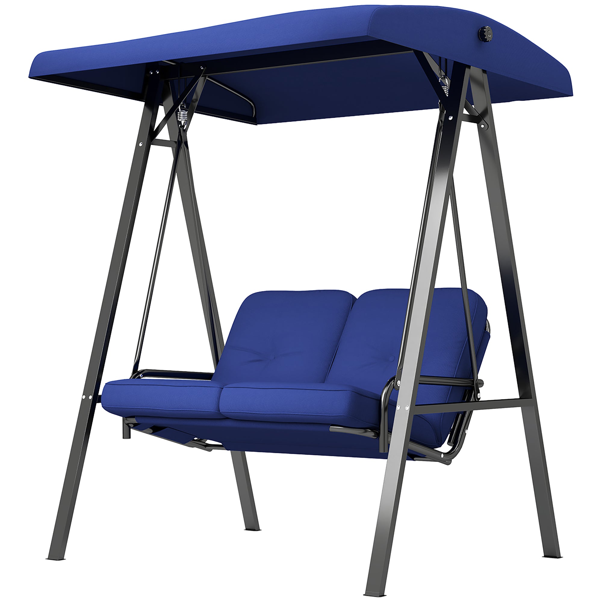 Outsunny 2 Seater Covered Outdoor Swing Chair Porch Swing Bench Lounger Hammock with Removable Cushion Tilt Canopy, Dark Blue