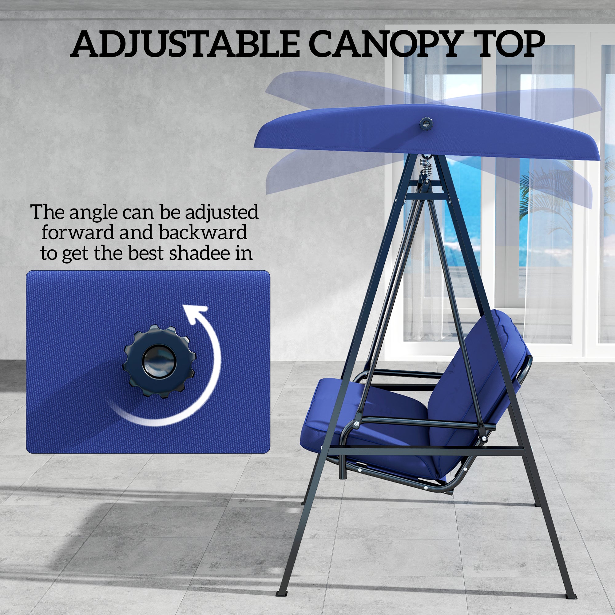 Outsunny 2 Seater Covered Outdoor Swing Chair Porch Swing Bench Lounger Hammock with Removable Cushion Tilt Canopy, Dark Blue