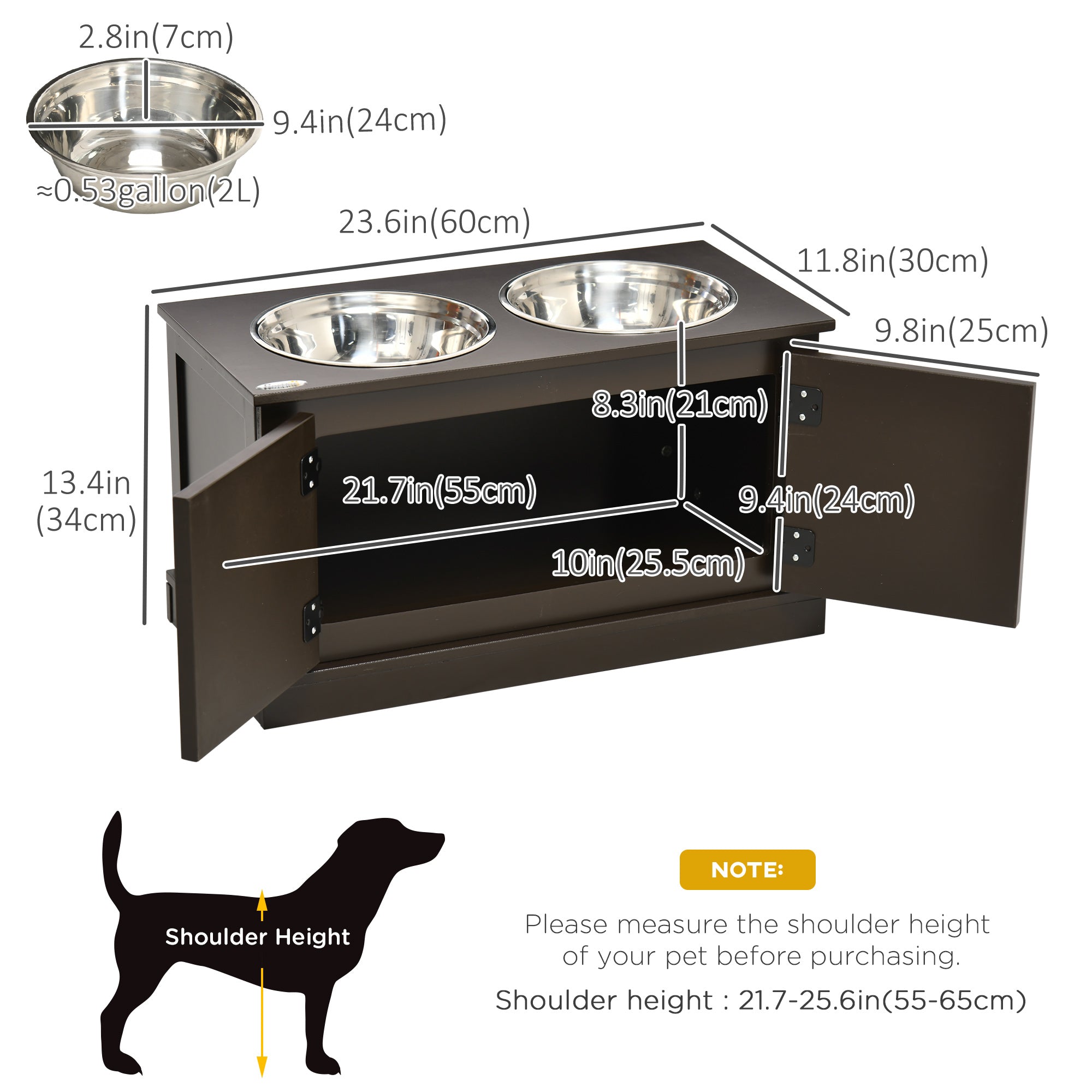 PawHut Elevated Dog Bowls with Storage Cabinet, Raised Pet Bowls Stand with 2 Stainless Steel Bowls for Water and Food, for Large Dogs, Brown