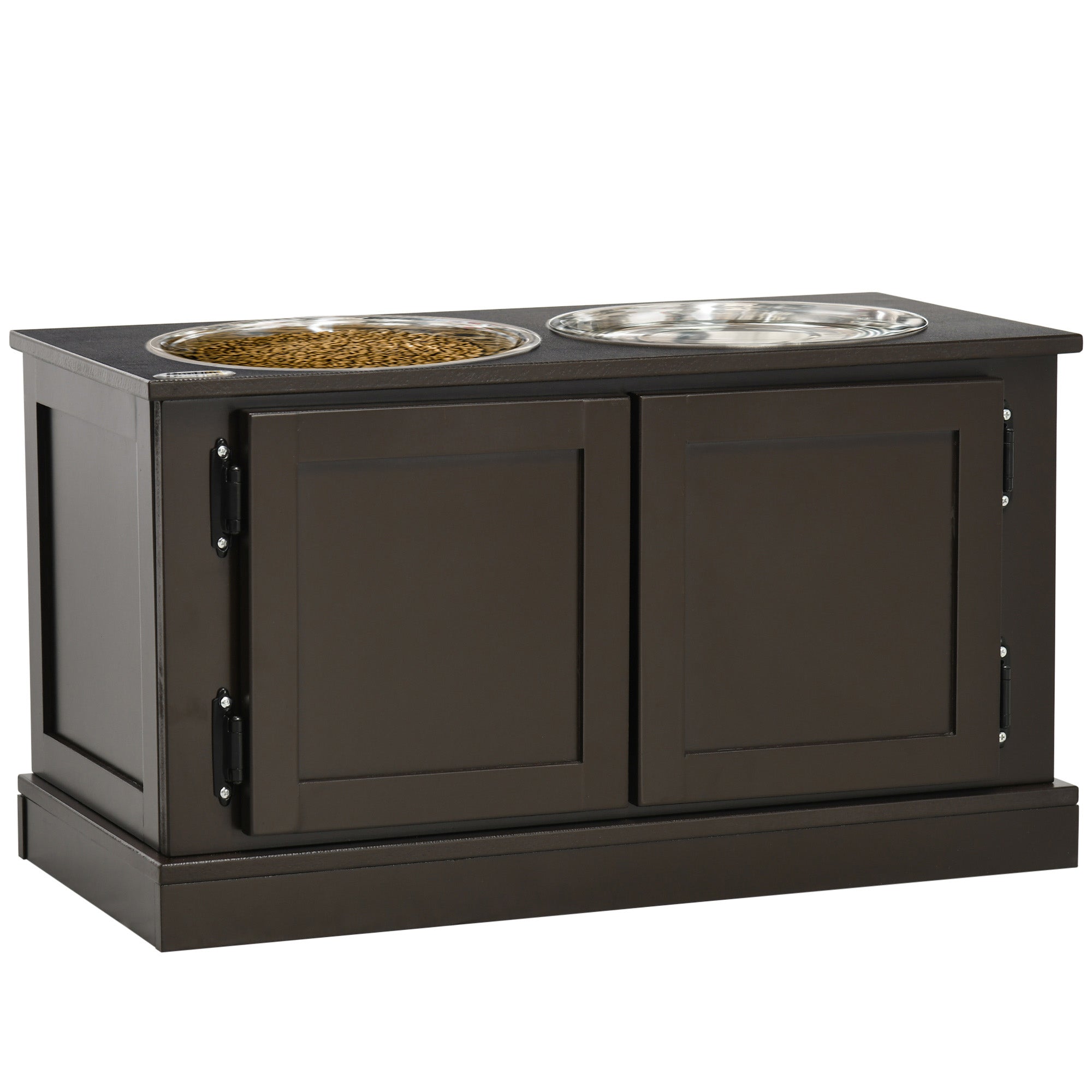 PawHut Elevated Dog Bowls with Storage Cabinet, Raised Pet Bowls Stand with 2 Stainless Steel Bowls for Water and Food, for Large Dogs, Brown