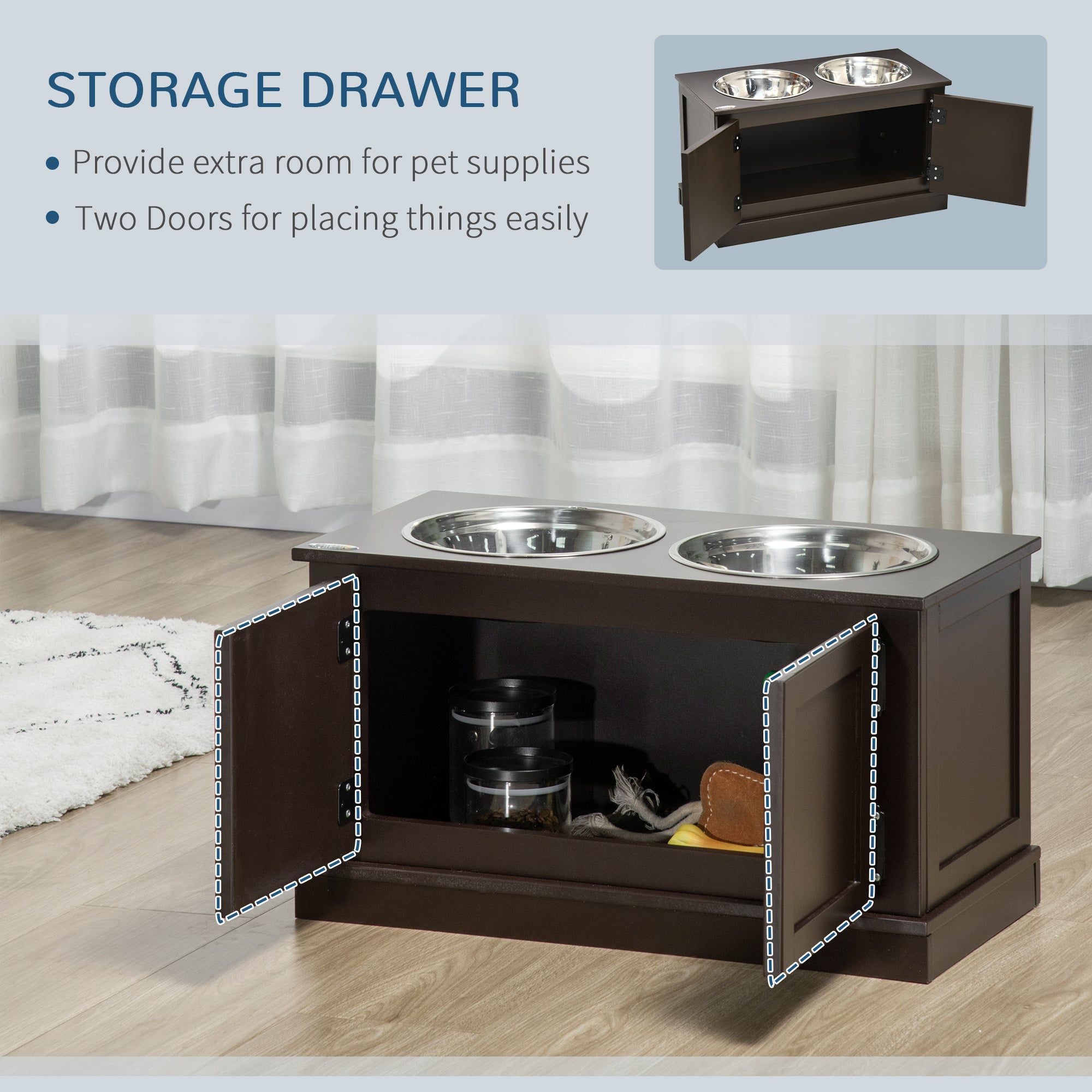 PawHut Elevated Dog Bowls with Storage Cabinet, Raised Pet Bowls Stand with 2 Stainless Steel Bowls for Water and Food, for Large Dogs, Brown