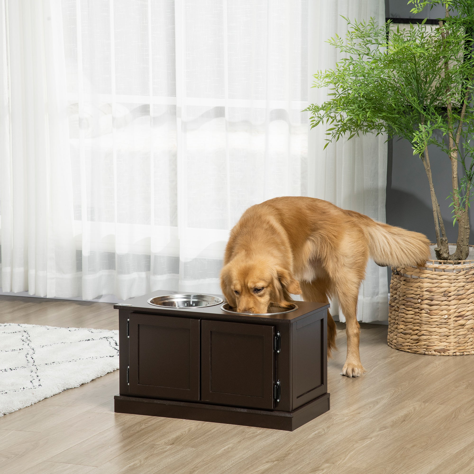 PawHut Elevated Dog Bowls with Storage Cabinet, Raised Pet Bowls Stand with 2 Stainless Steel Bowls for Water and Food, for Large Dogs, Brown