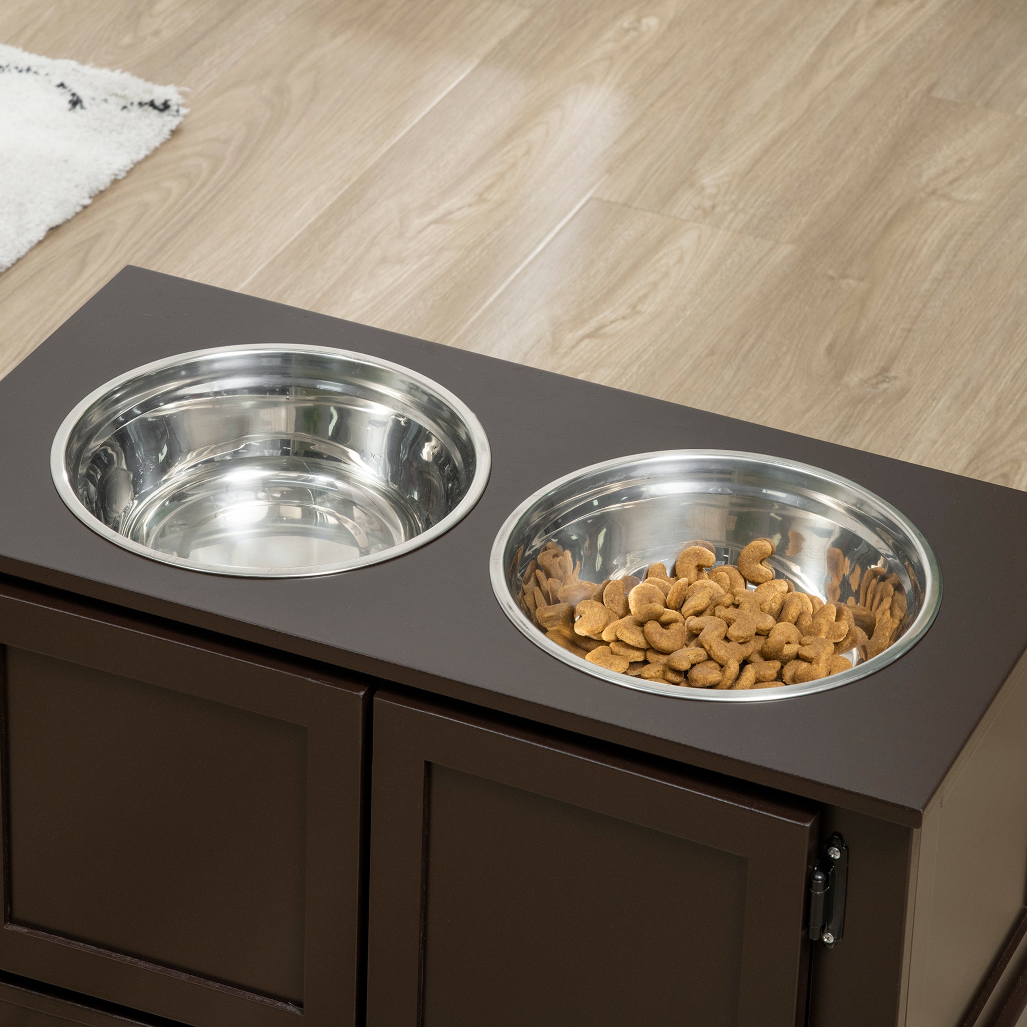 PawHut Elevated Dog Bowls with Storage Cabinet, Raised Pet Bowls Stand with 2 Stainless Steel Bowls for Water and Food, for Large Dogs, Brown