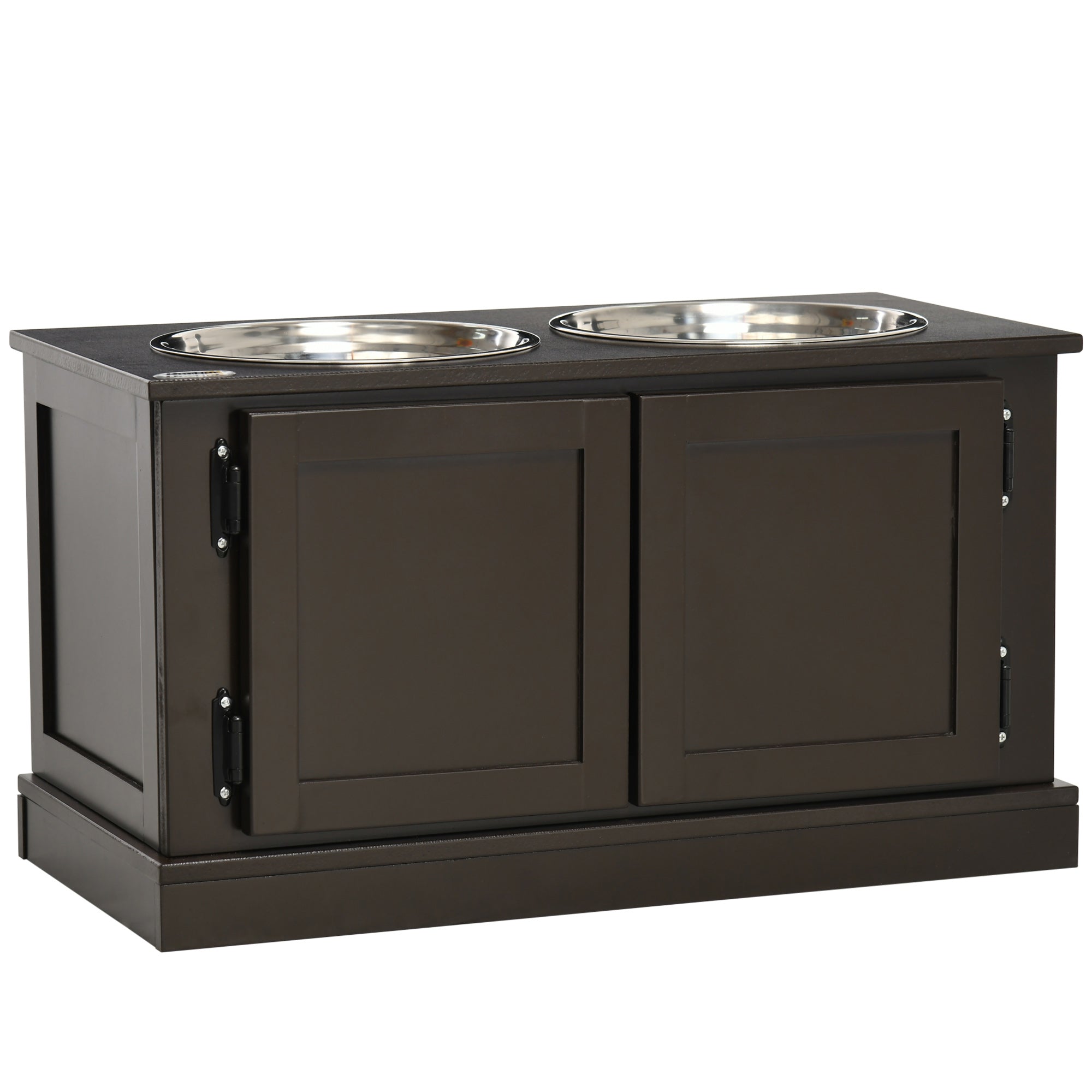 PawHut Elevated Dog Bowls with Storage Cabinet, Raised Pet Bowls Stand with 2 Stainless Steel Bowls for Water and Food, for Large Dogs, Brown