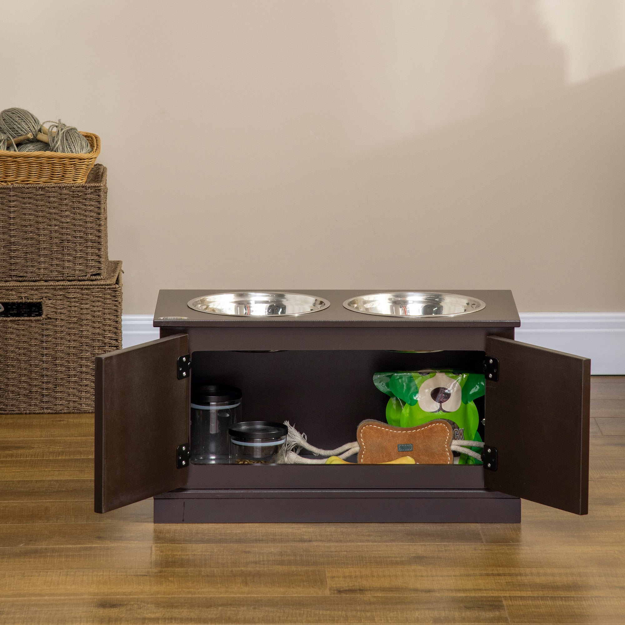 PawHut Elevated Dog Bowls with Storage Cabinet, Raised Pet Bowls Stand with 2 Stainless Steel Bowls for Water and Food, for Large Dogs, Brown