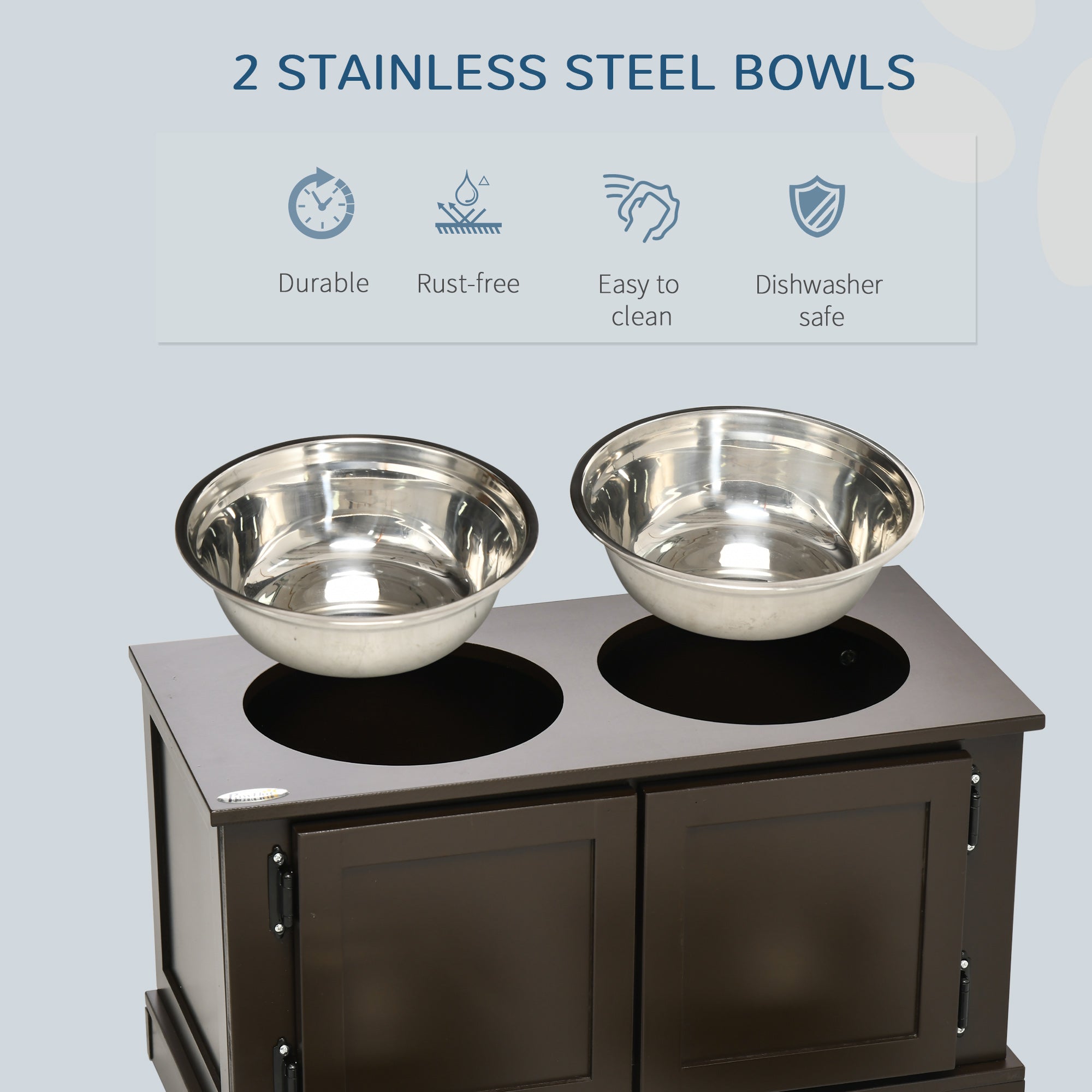 PawHut Elevated Dog Bowls with Storage Cabinet, Raised Pet Bowls Stand with 2 Stainless Steel Bowls for Water and Food, for Large Dogs, Brown