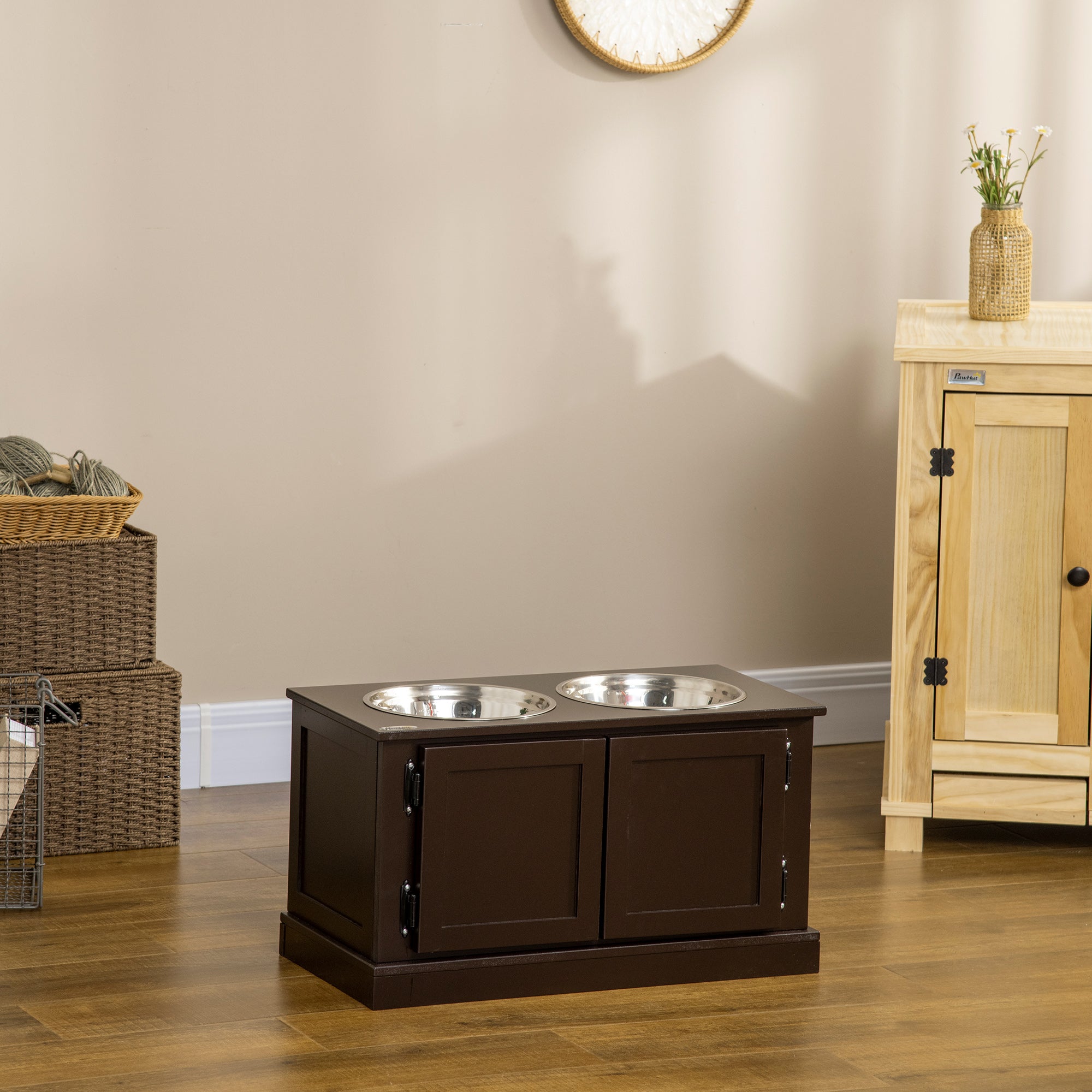 PawHut Elevated Dog Bowls with Storage Cabinet, Raised Pet Bowls Stand with 2 Stainless Steel Bowls for Water and Food, for Large Dogs, Brown