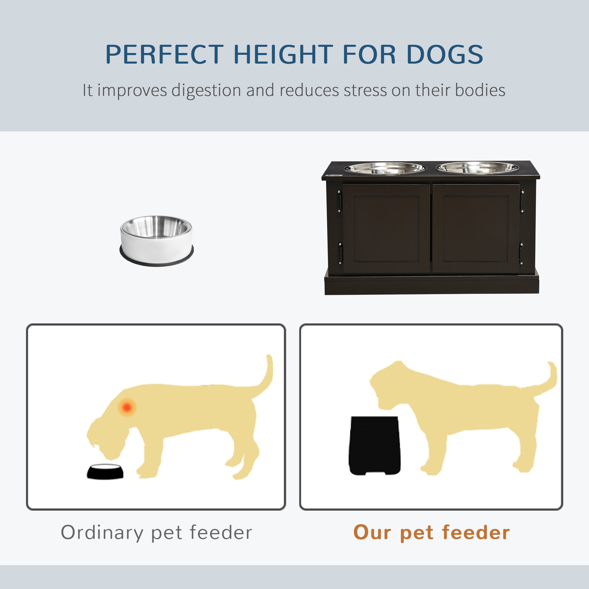 PawHut Elevated Dog Bowls with Storage Cabinet, Raised Pet Bowls Stand with 2 Stainless Steel Bowls for Water and Food, for Large Dogs, Brown