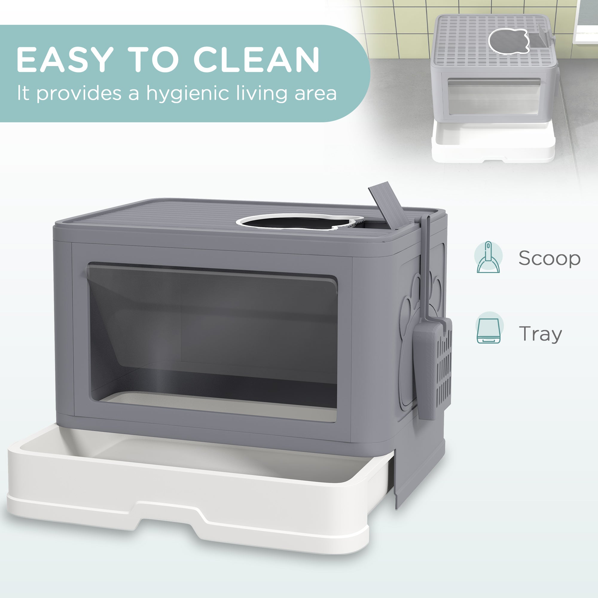 PawHut Cat Litter Tray with Hood Cat Litter Box with Brush, Front Entry, Top Exit, Removable Tray, Scoop, 48.5 x 38 x 36.5cm - Grey