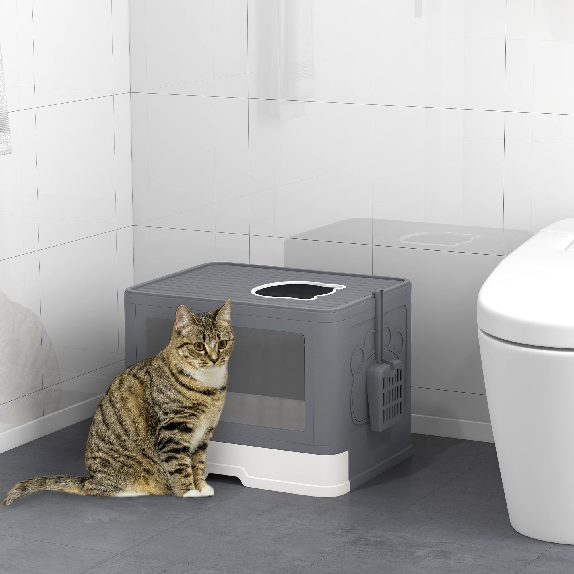 PawHut Cat Litter Tray with Hood Cat Litter Box with Brush, Front Entry, Top Exit, Removable Tray, Scoop, 48.5 x 38 x 36.5cm - Grey