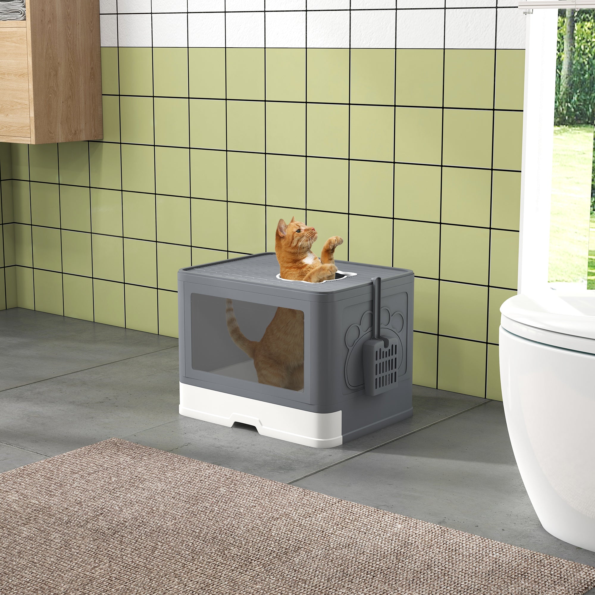 PawHut Cat Litter Tray with Hood Cat Litter Box with Brush, Front Entry, Top Exit, Removable Tray, Scoop, 48.5 x 38 x 36.5cm - Grey