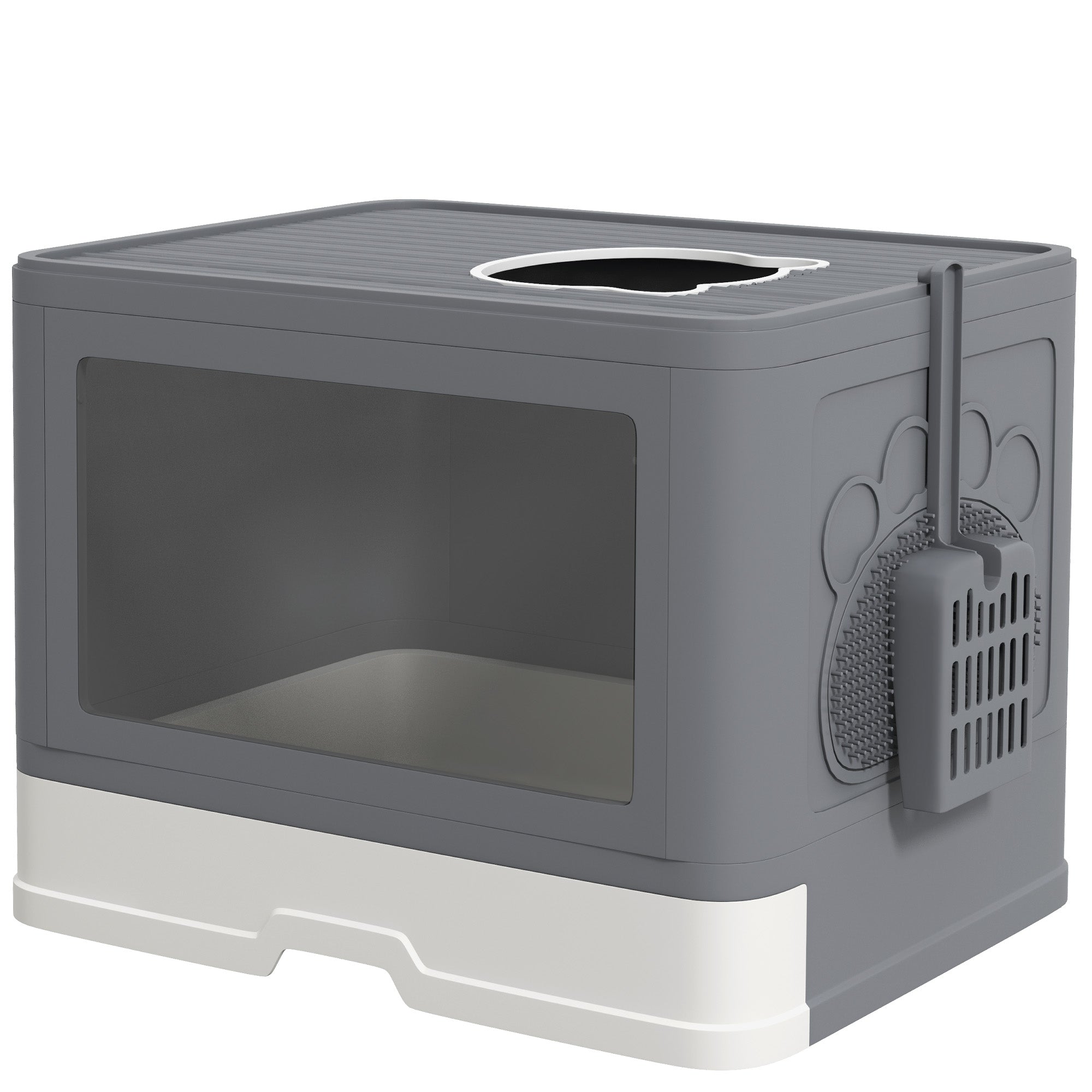 PawHut Cat Litter Tray with Hood Cat Litter Box with Brush, Front Entry, Top Exit, Removable Tray, Scoop, 48.5 x 38 x 36.5cm - Grey