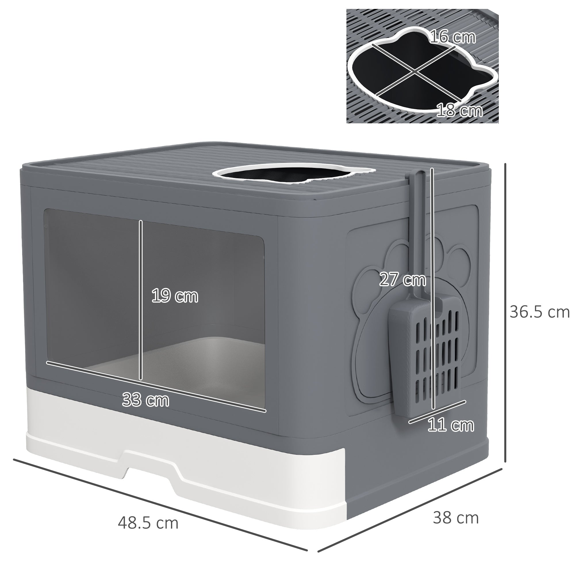 PawHut Cat Litter Tray with Hood Cat Litter Box with Brush, Front Entry, Top Exit, Removable Tray, Scoop, 48.5 x 38 x 36.5cm - Grey
