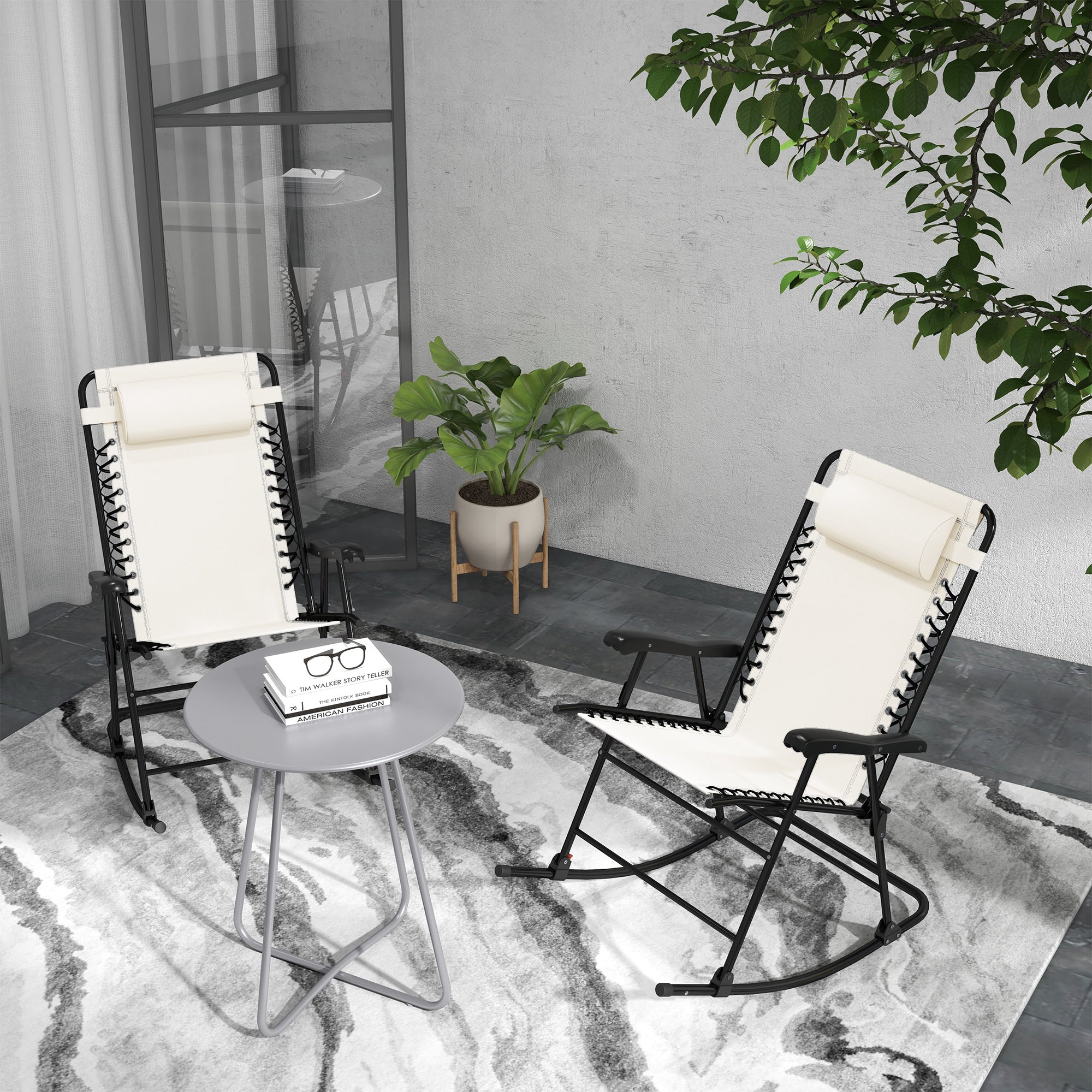 Outsunny 2pc Patio Foldable Rocking Chair Set w/ Breathable Mesh Seat & Backrest, Padded Headrest for Park, Backyard, Garden, Cream White