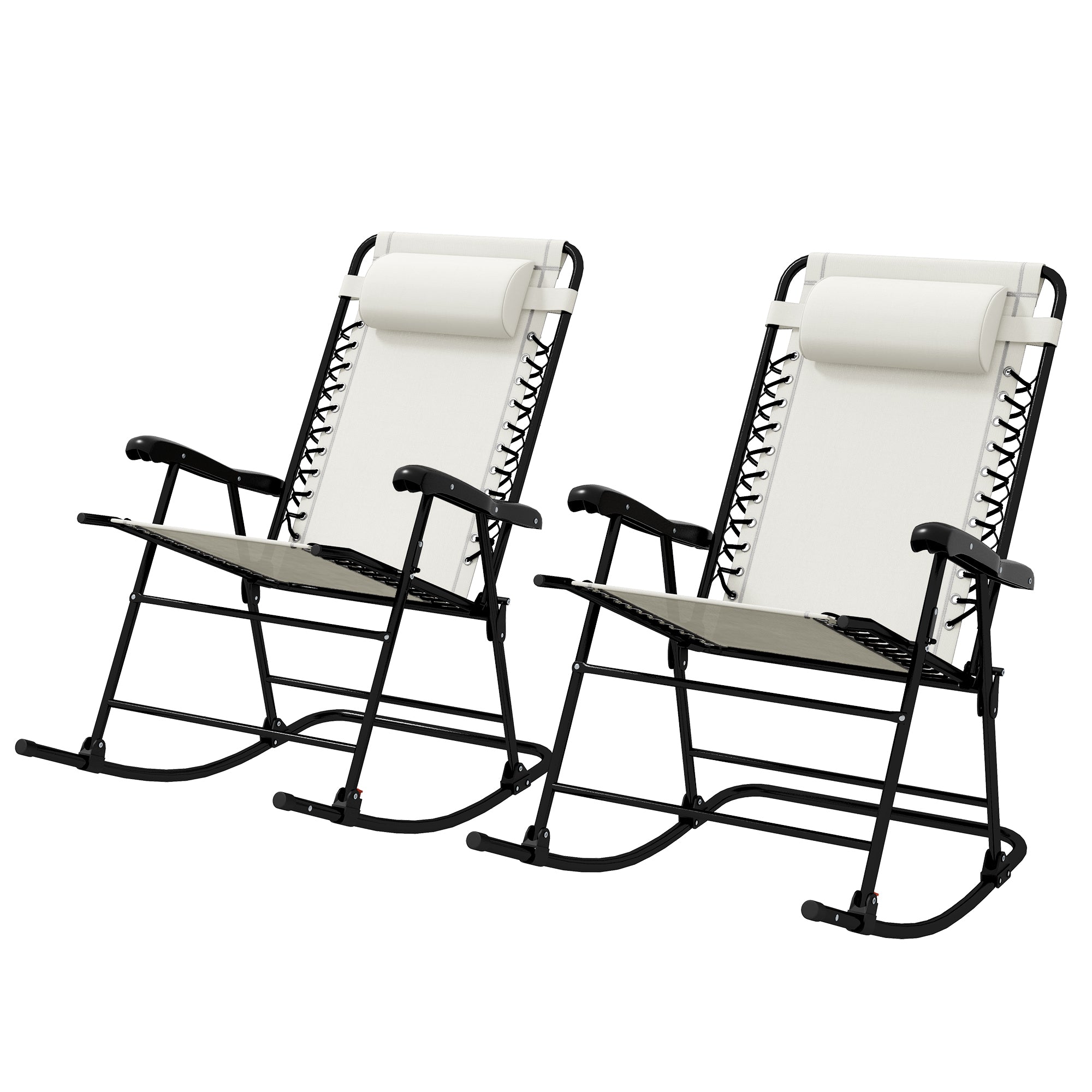 Outsunny 2pc Patio Foldable Rocking Chair Set w/ Breathable Mesh Seat & Backrest, Padded Headrest for Park, Backyard, Garden, Cream White