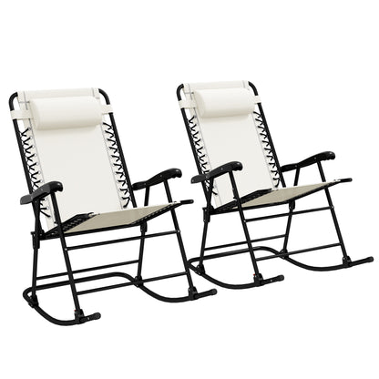 Outsunny 2pc Patio Foldable Rocking Chair Set w/ Breathable Mesh Seat & Backrest, Padded Headrest for Park, Backyard, Garden, Cream White