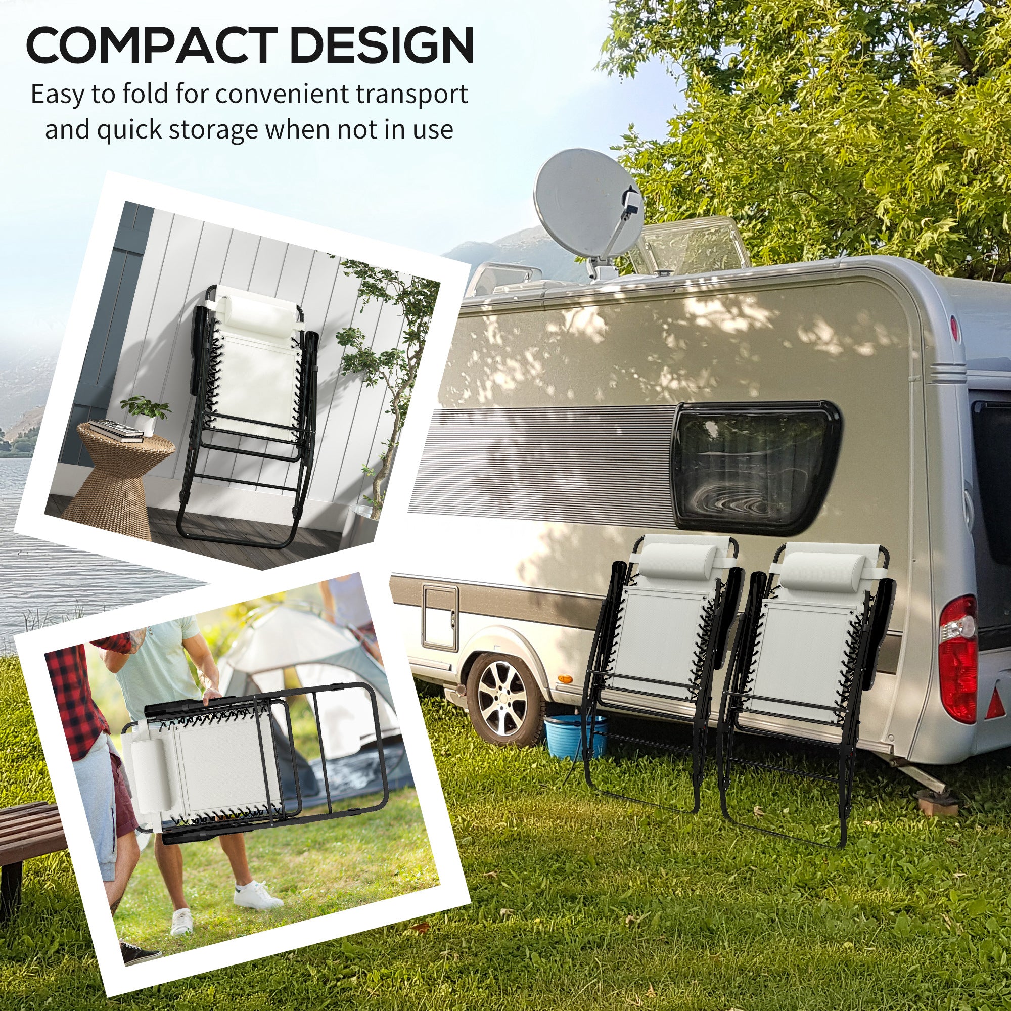 Outsunny 2pc Patio Foldable Rocking Chair Set w/ Breathable Mesh Seat & Backrest, Padded Headrest for Park, Backyard, Garden, Cream White