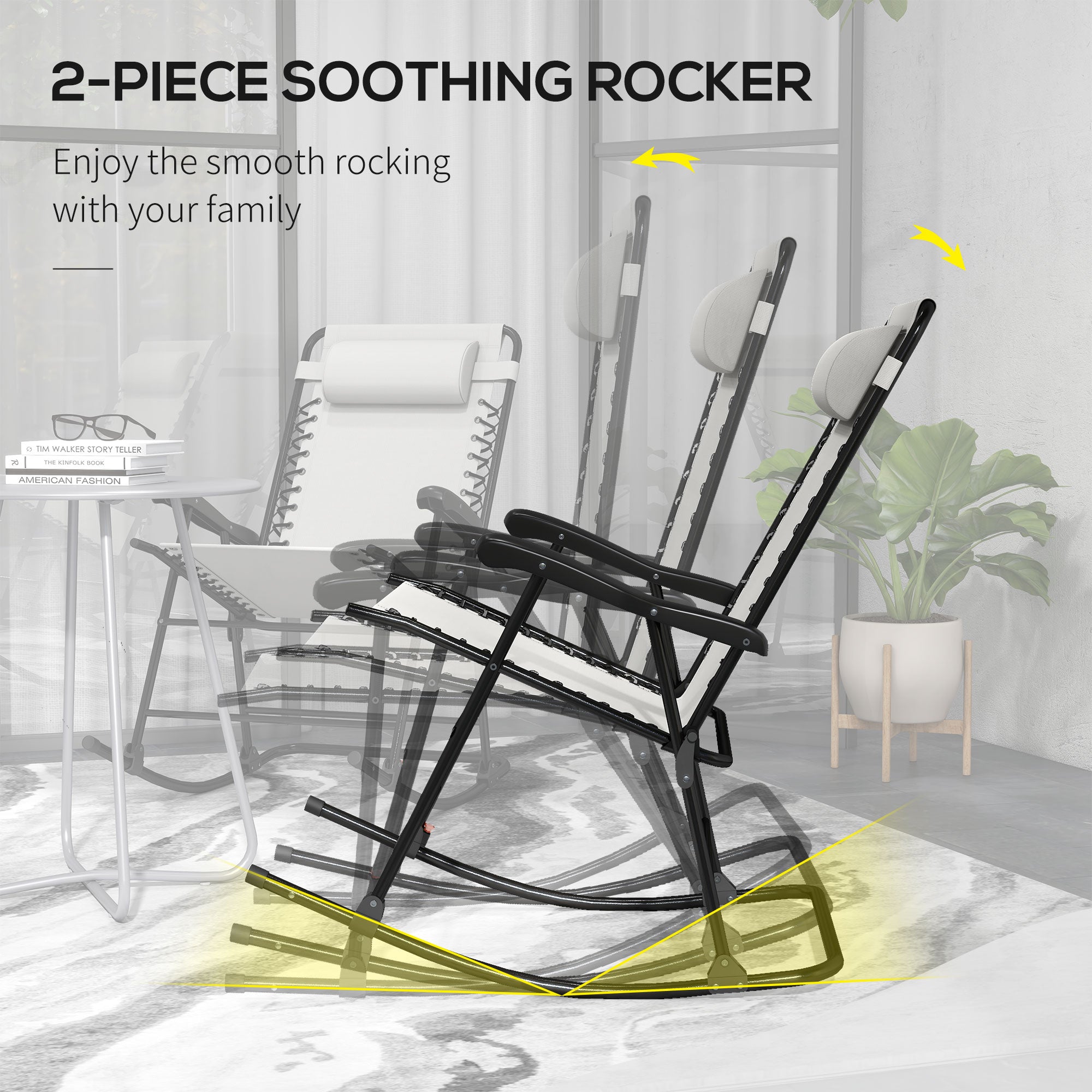 Outsunny 2pc Patio Foldable Rocking Chair Set w/ Breathable Mesh Seat & Backrest, Padded Headrest for Park, Backyard, Garden, Cream White