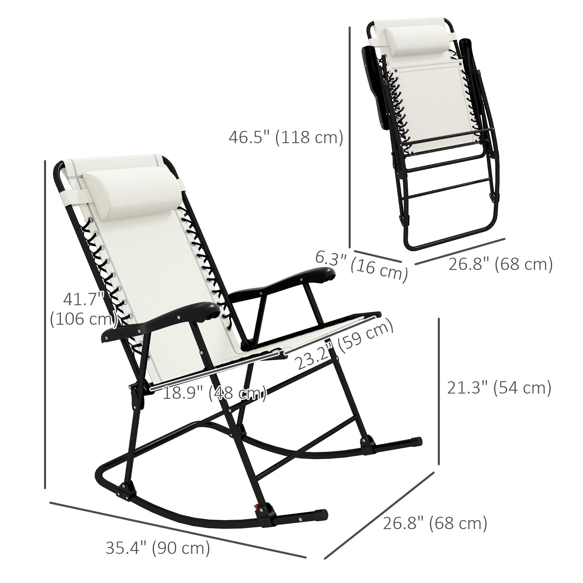 Outsunny 2pc Patio Foldable Rocking Chair Set w/ Breathable Mesh Seat & Backrest, Padded Headrest for Park, Backyard, Garden, Cream White