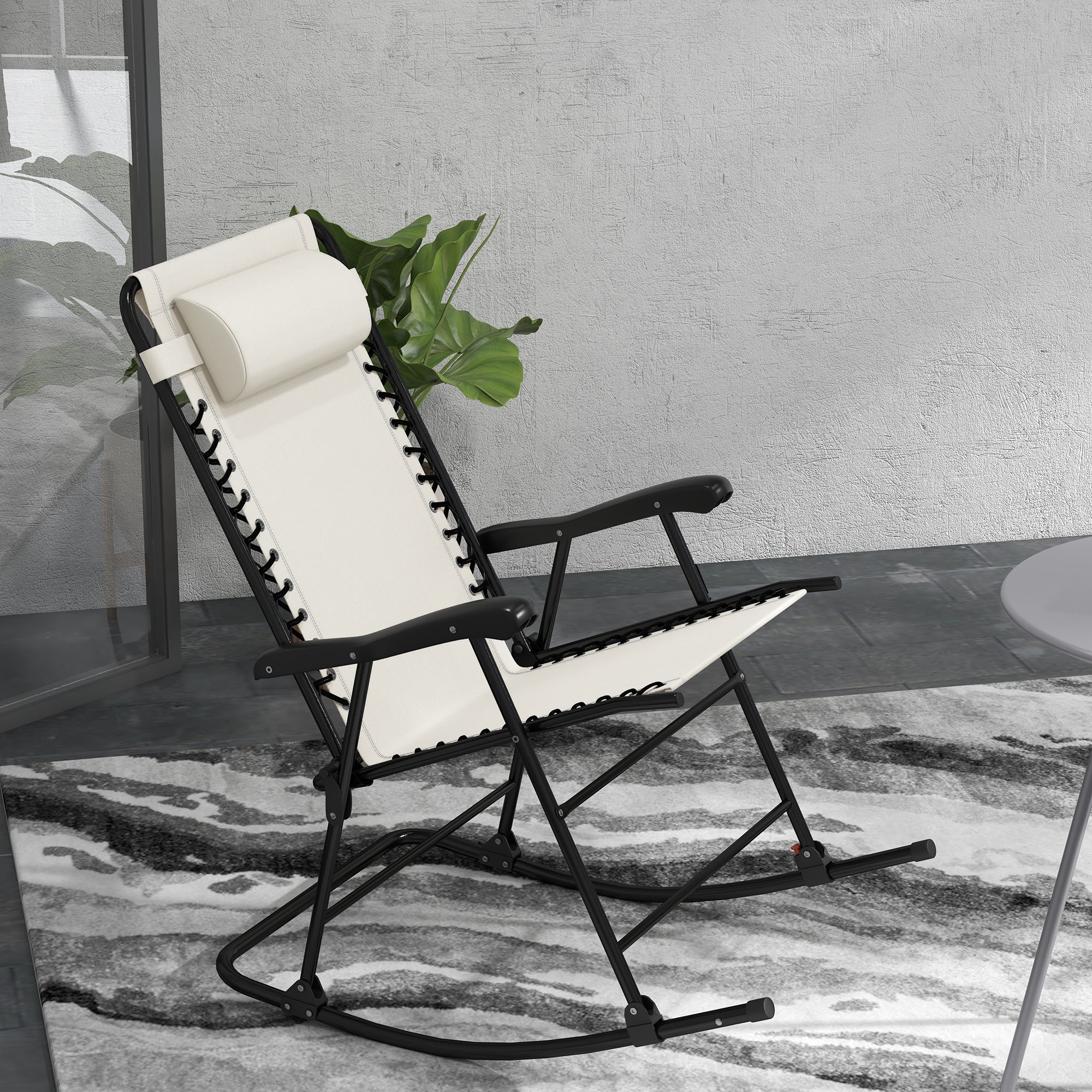 Outsunny 2pc Patio Foldable Rocking Chair Set w/ Breathable Mesh Seat & Backrest, Padded Headrest for Park, Backyard, Garden, Cream White