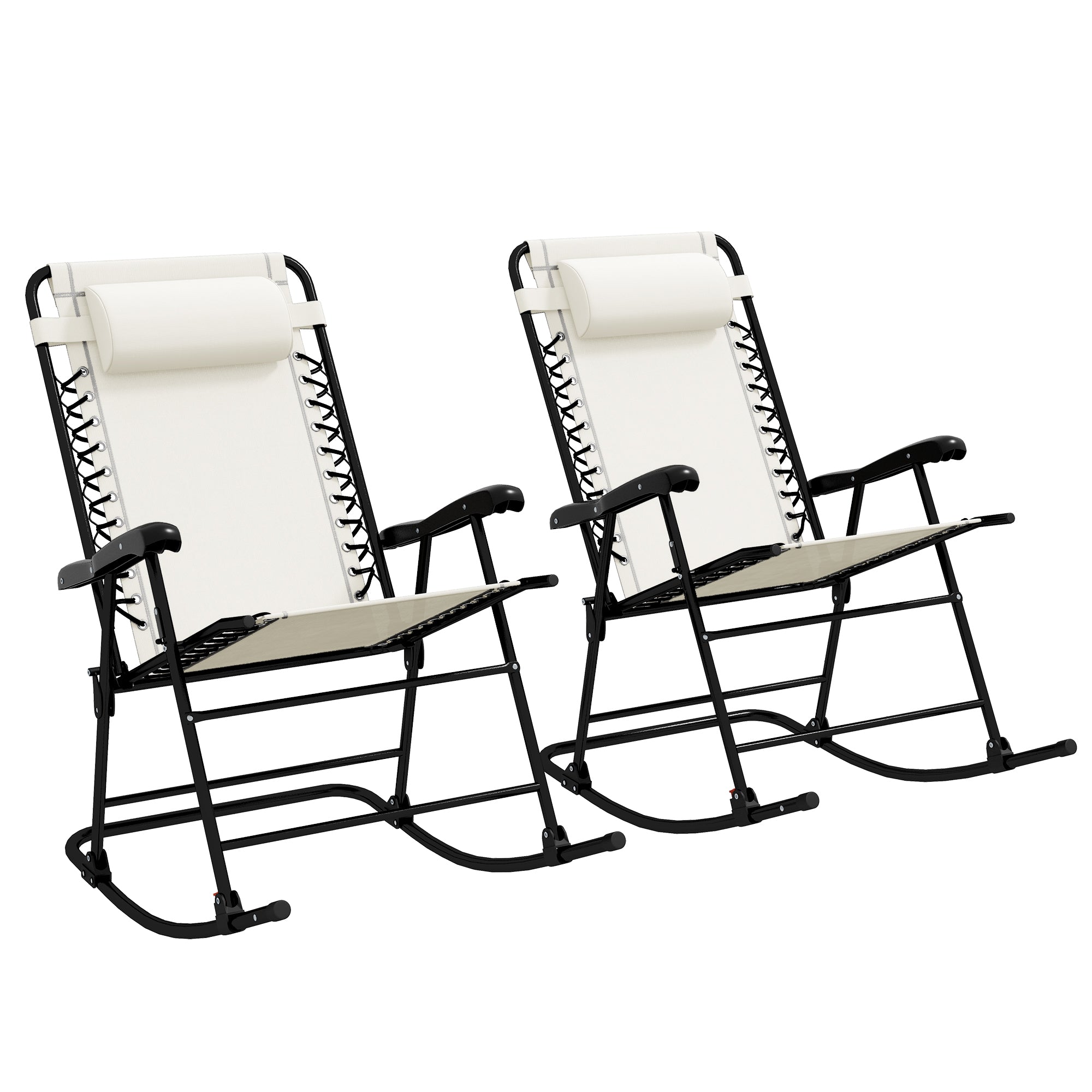 Outsunny 2pc Patio Foldable Rocking Chair Set w/ Breathable Mesh Seat & Backrest, Padded Headrest for Park, Backyard, Garden, Cream White