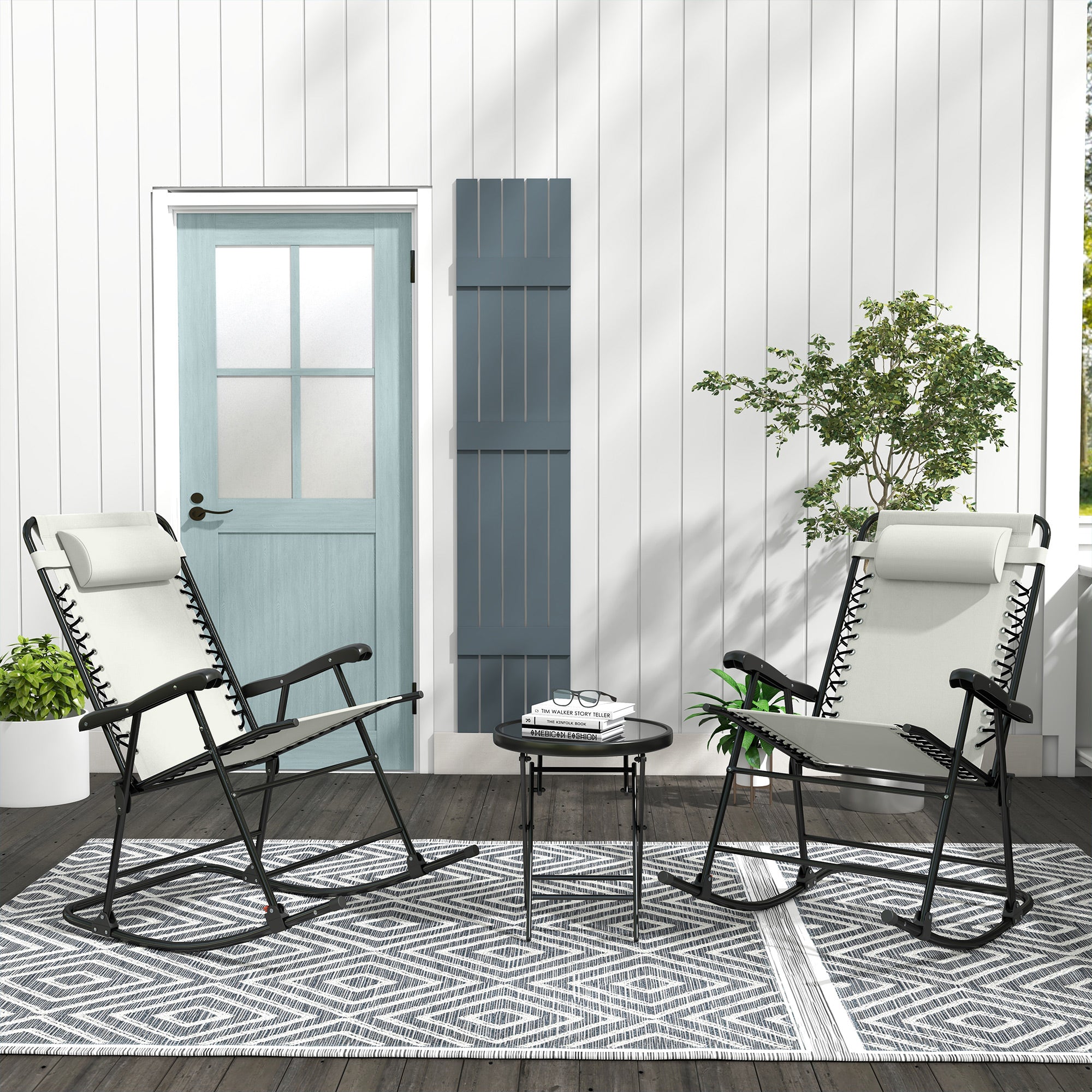 Outsunny 2pc Patio Foldable Rocking Chair Set w/ Breathable Mesh Seat & Backrest, Padded Headrest for Park, Backyard, Garden, Cream White