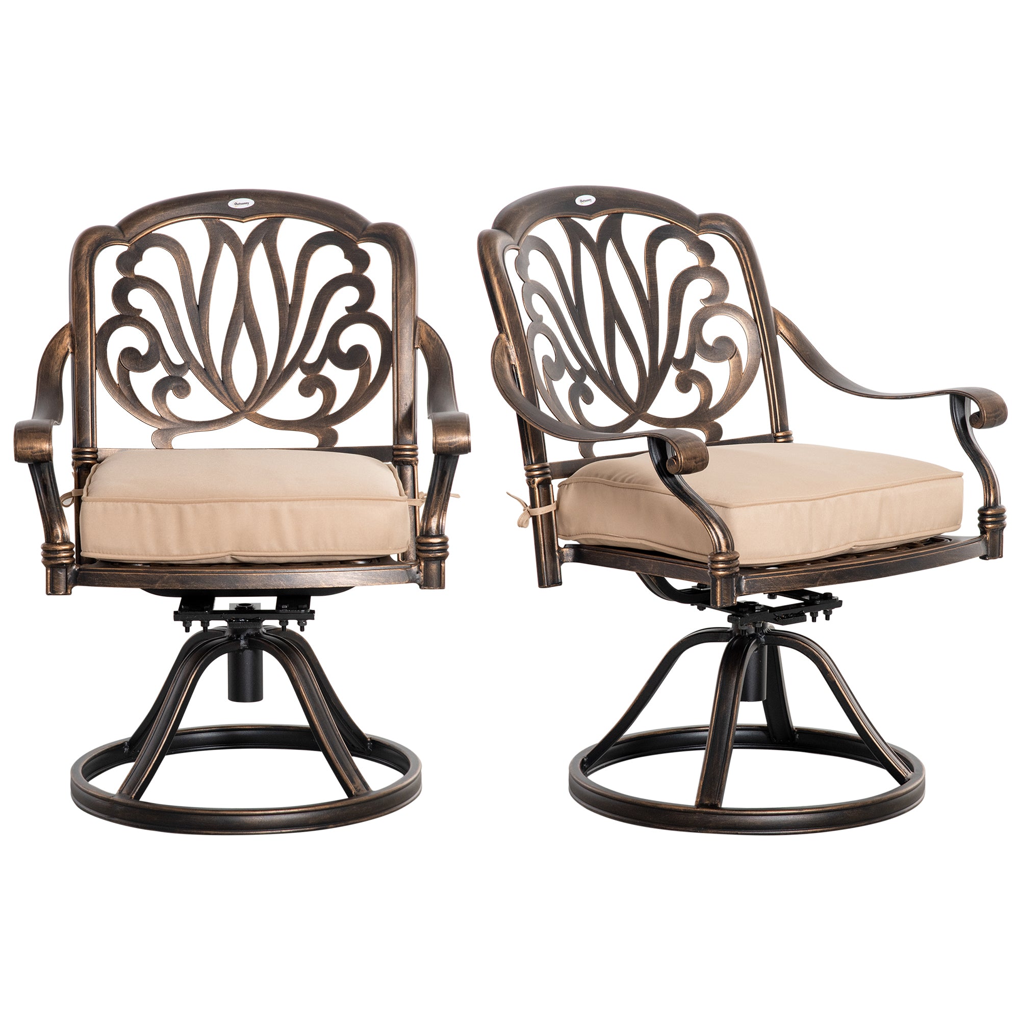 Outsunny 2-Piece Outdoor Bistro Set, 360° Swivel Rocking Chairs with Cushion, Aluminum Frame, Yard, Lawn, Porch, Garden Furniture, Bronze