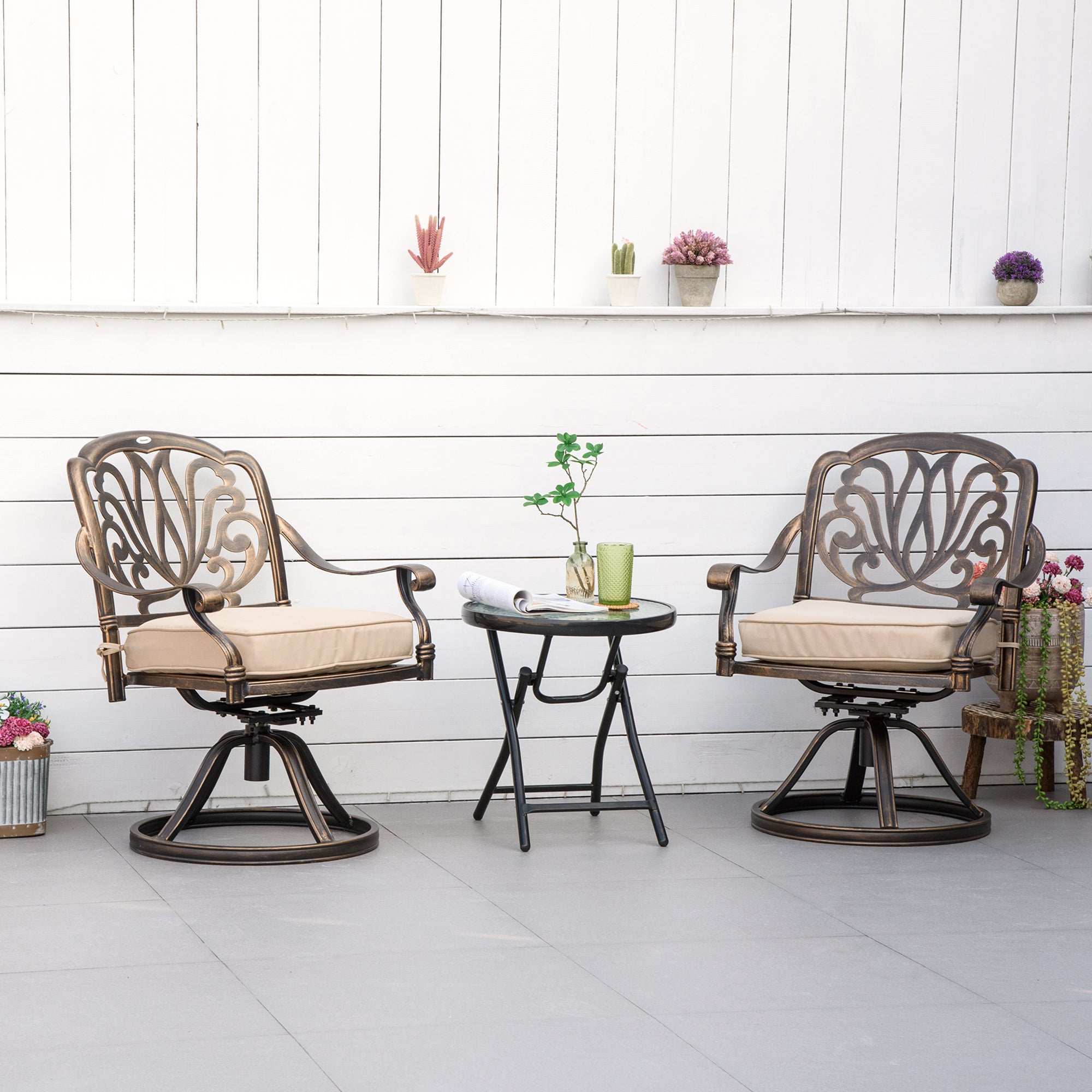 Outsunny 2-Piece Outdoor Bistro Set, 360° Swivel Rocking Chairs with Cushion, Aluminum Frame, Yard, Lawn, Porch, Garden Furniture, Bronze