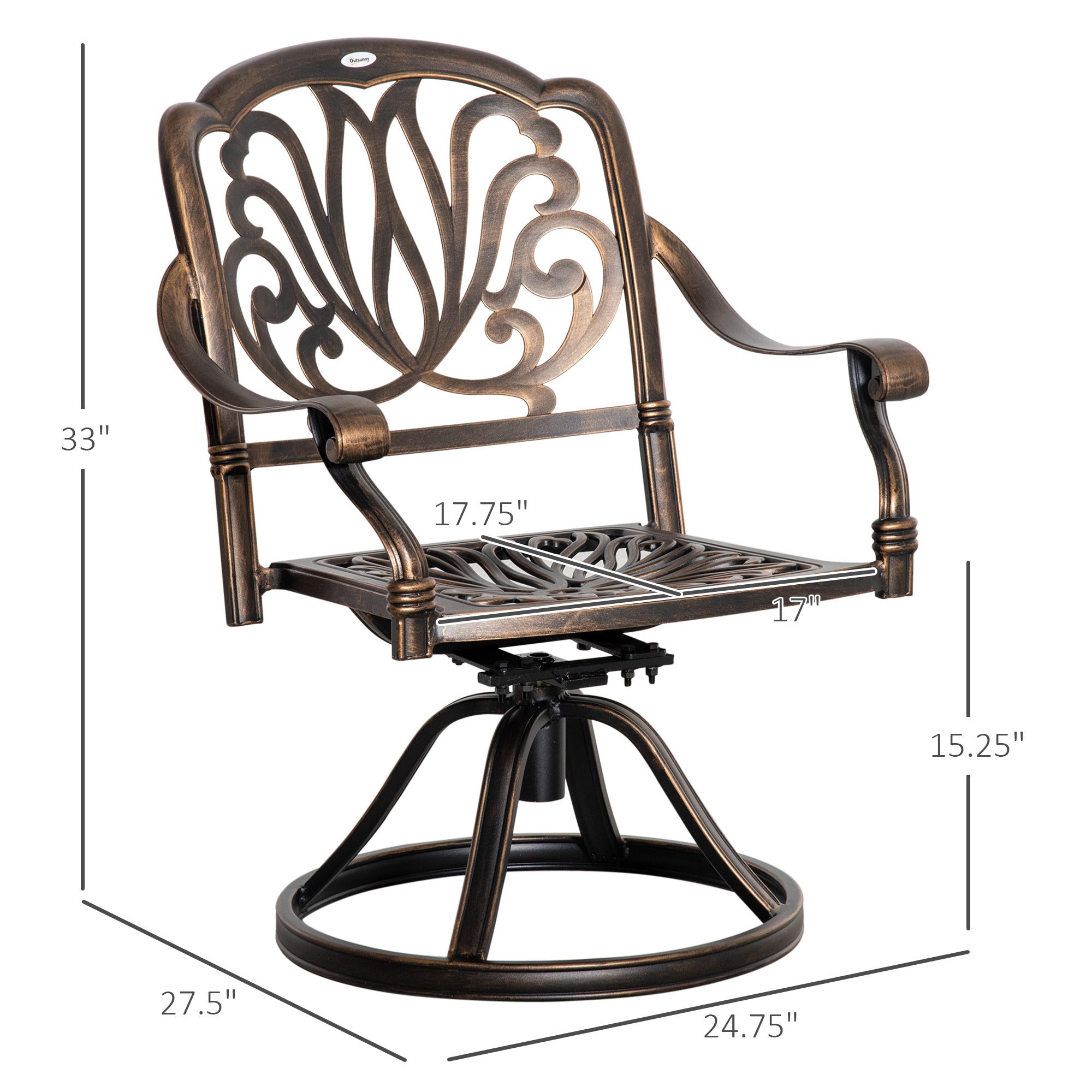 Outsunny 2-Piece Outdoor Bistro Set, 360° Swivel Rocking Chairs with Cushion, Aluminum Frame, Yard, Lawn, Porch, Garden Furniture, Bronze