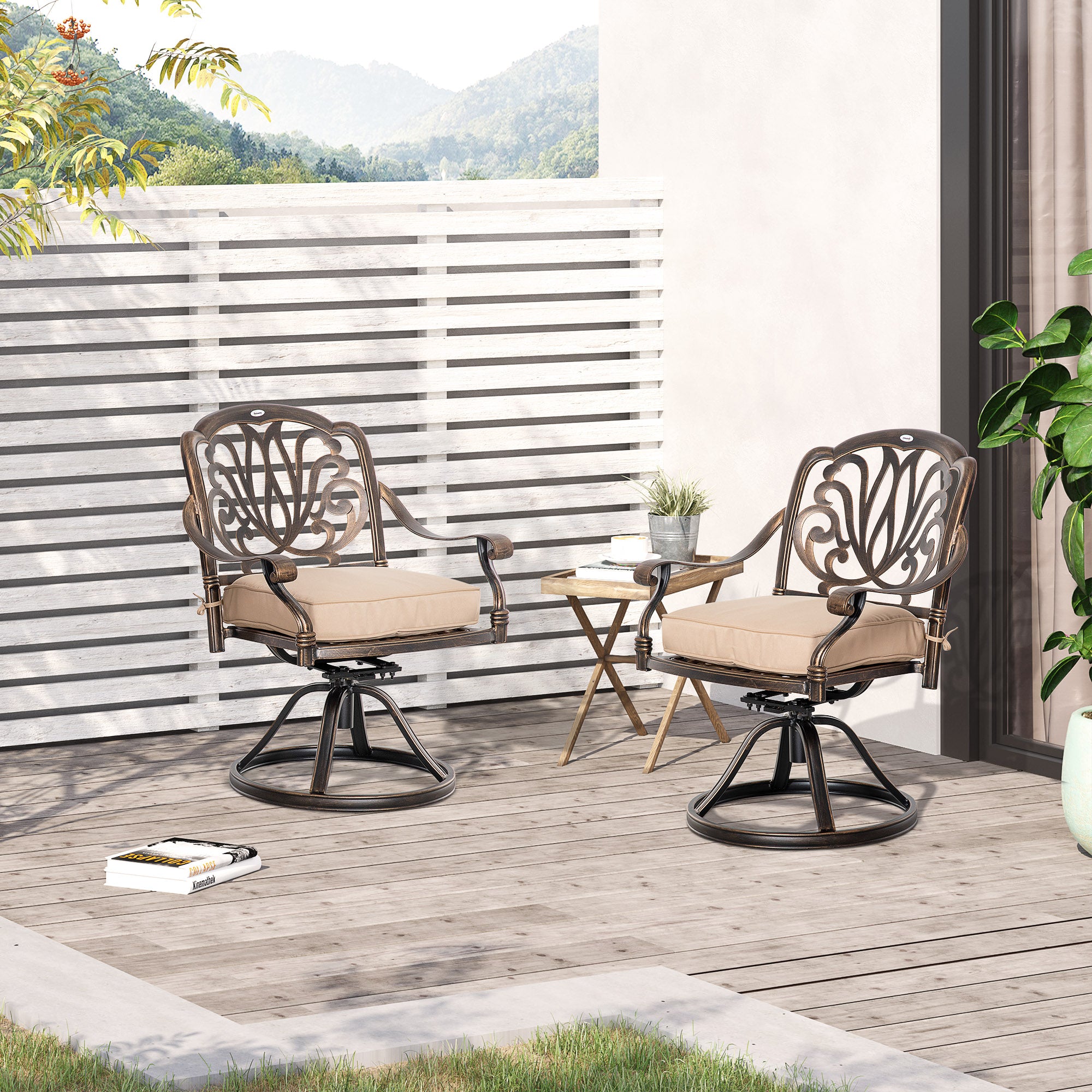 Outsunny 2-Piece Outdoor Bistro Set, 360° Swivel Rocking Chairs with Cushion, Aluminum Frame, Yard, Lawn, Porch, Garden Furniture, Bronze