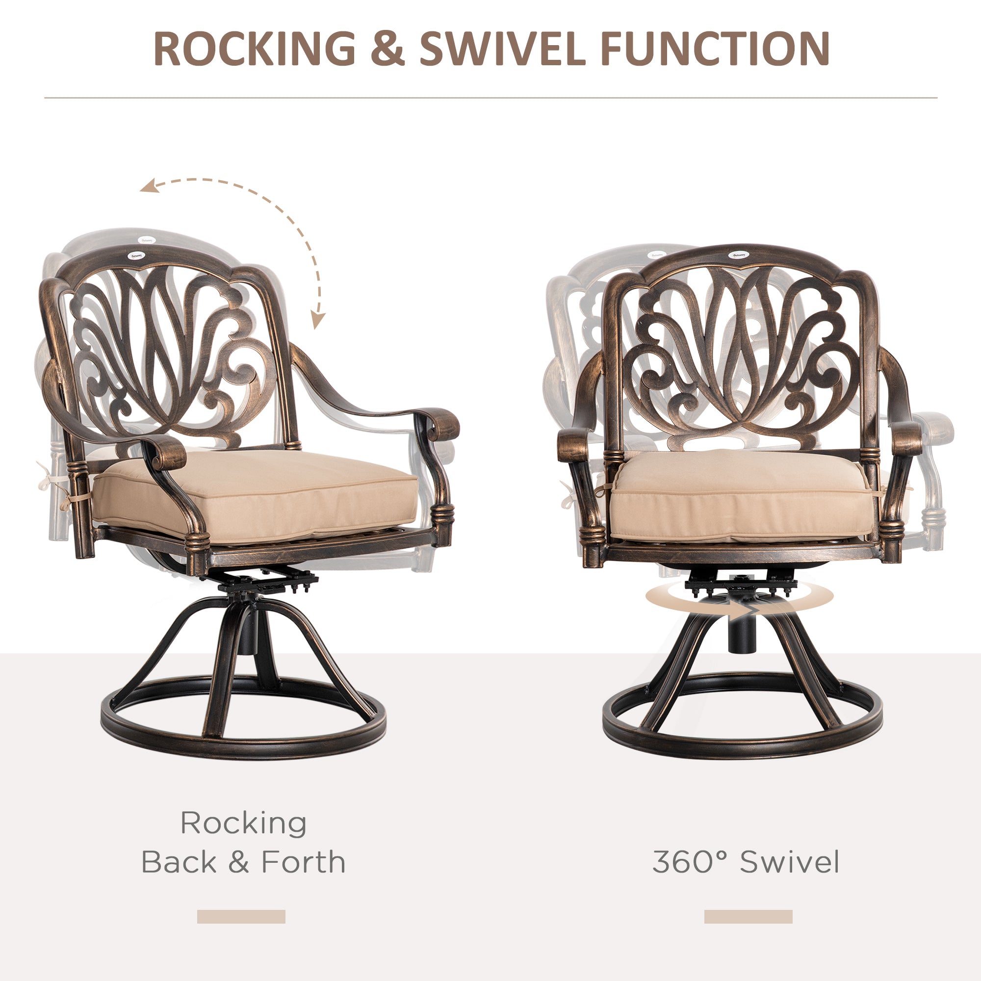 Outsunny 2-Piece Outdoor Bistro Set, 360° Swivel Rocking Chairs with Cushion, Aluminum Frame, Yard, Lawn, Porch, Garden Furniture, Bronze