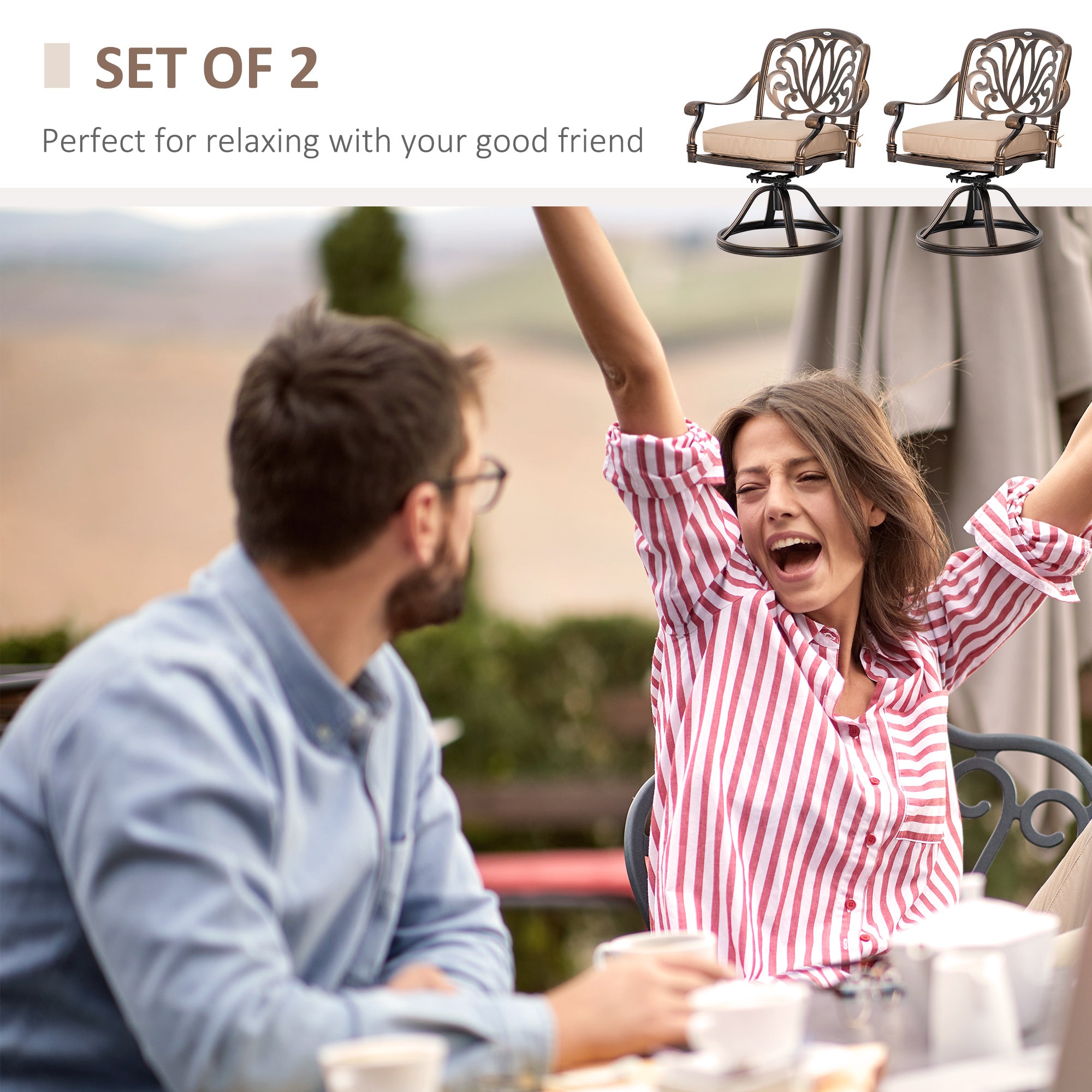 Outsunny 2-Piece Outdoor Bistro Set, 360° Swivel Rocking Chairs with Cushion, Aluminum Frame, Yard, Lawn, Porch, Garden Furniture, Bronze