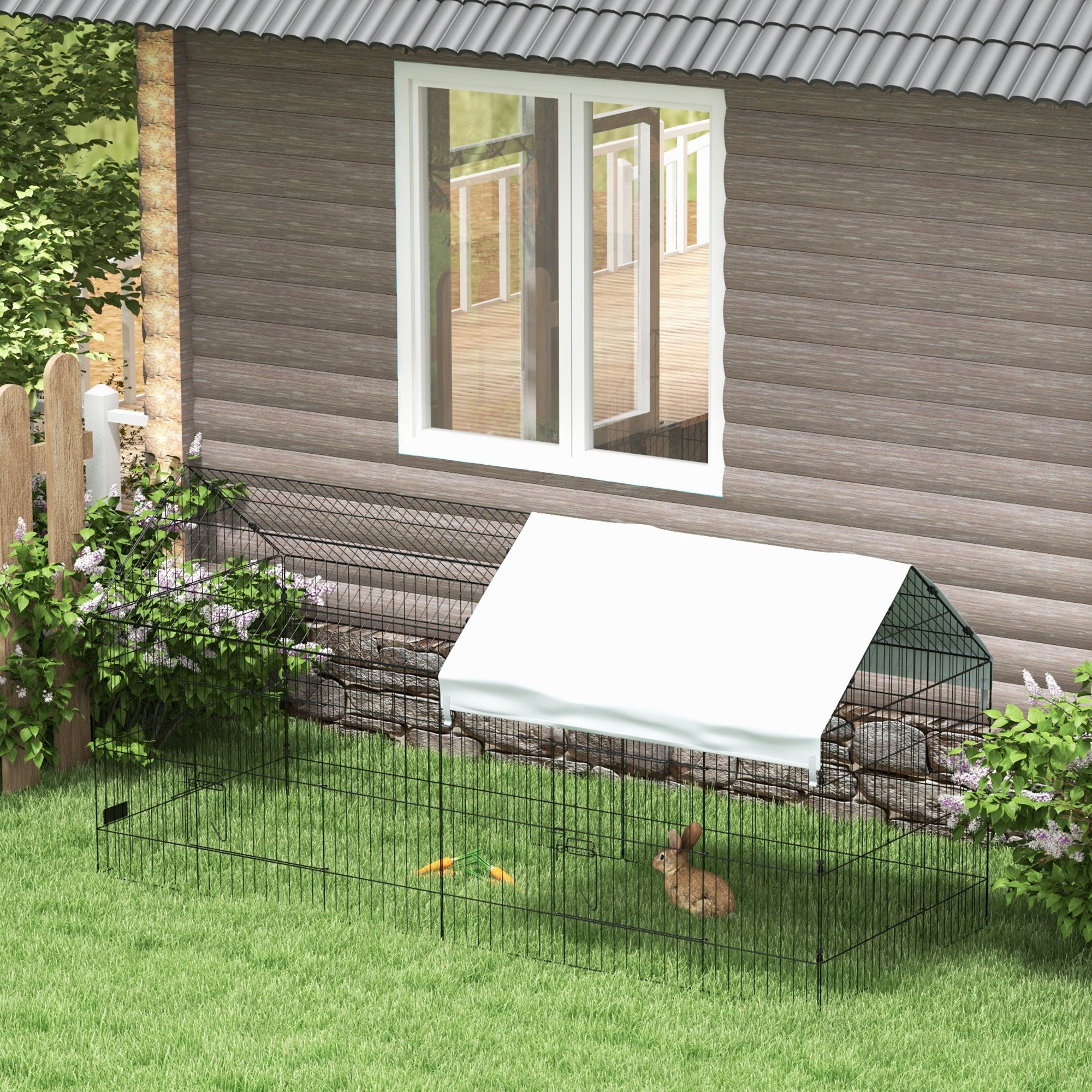 PawHut 87" Small Animal Cage, Pet Playpen for Chicken, Rabbits, Chinchillas, Outdoor Small Animal Playpen with Spire Roof, Silver