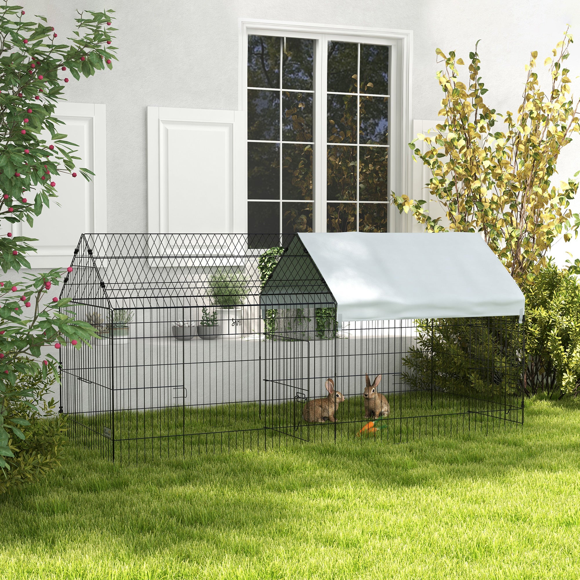 PawHut 87" Small Animal Cage, Pet Playpen for Chicken, Rabbits, Chinchillas, Outdoor Small Animal Playpen with Spire Roof, Silver