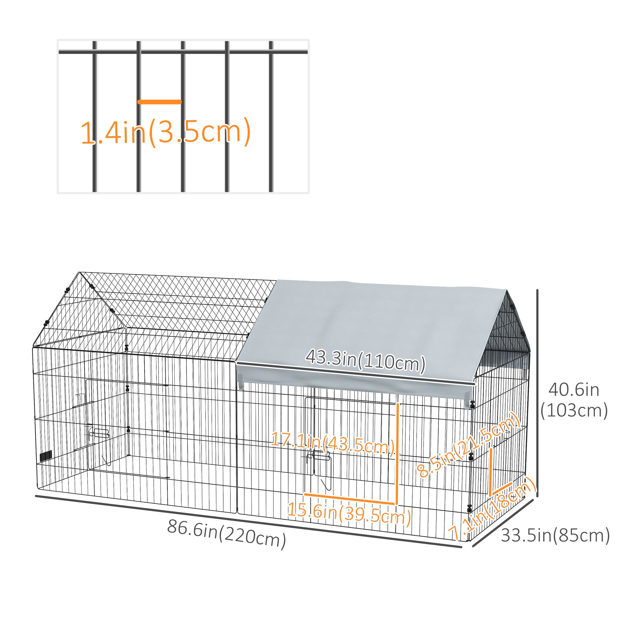 PawHut 87" Small Animal Cage, Pet Playpen for Chicken, Rabbits, Chinchillas, Outdoor Small Animal Playpen with Spire Roof, Silver