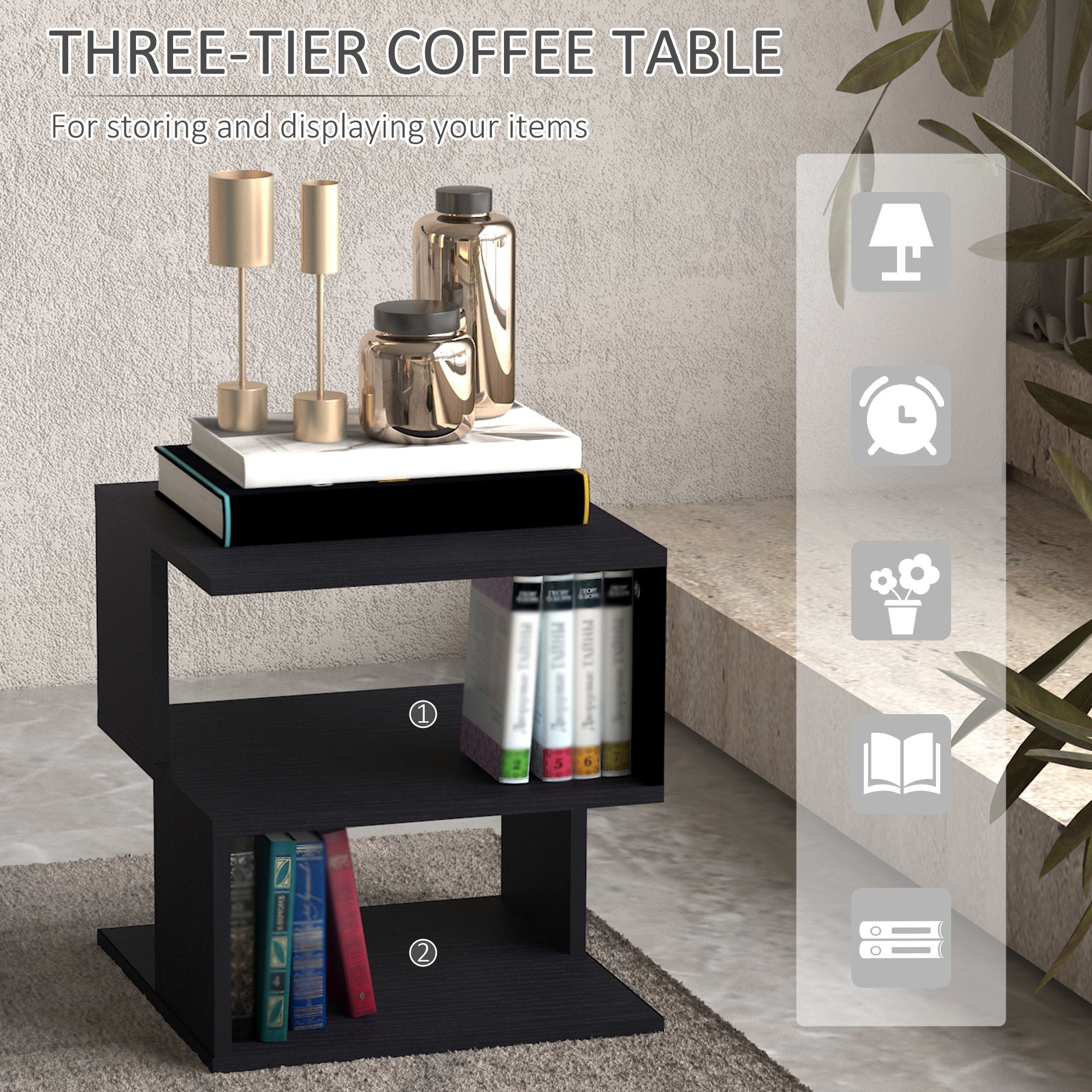 HOMCOM Side Table with Storage, Small End Table with 3-Tier Shelf, Square Coffee Table for Living Room, Black