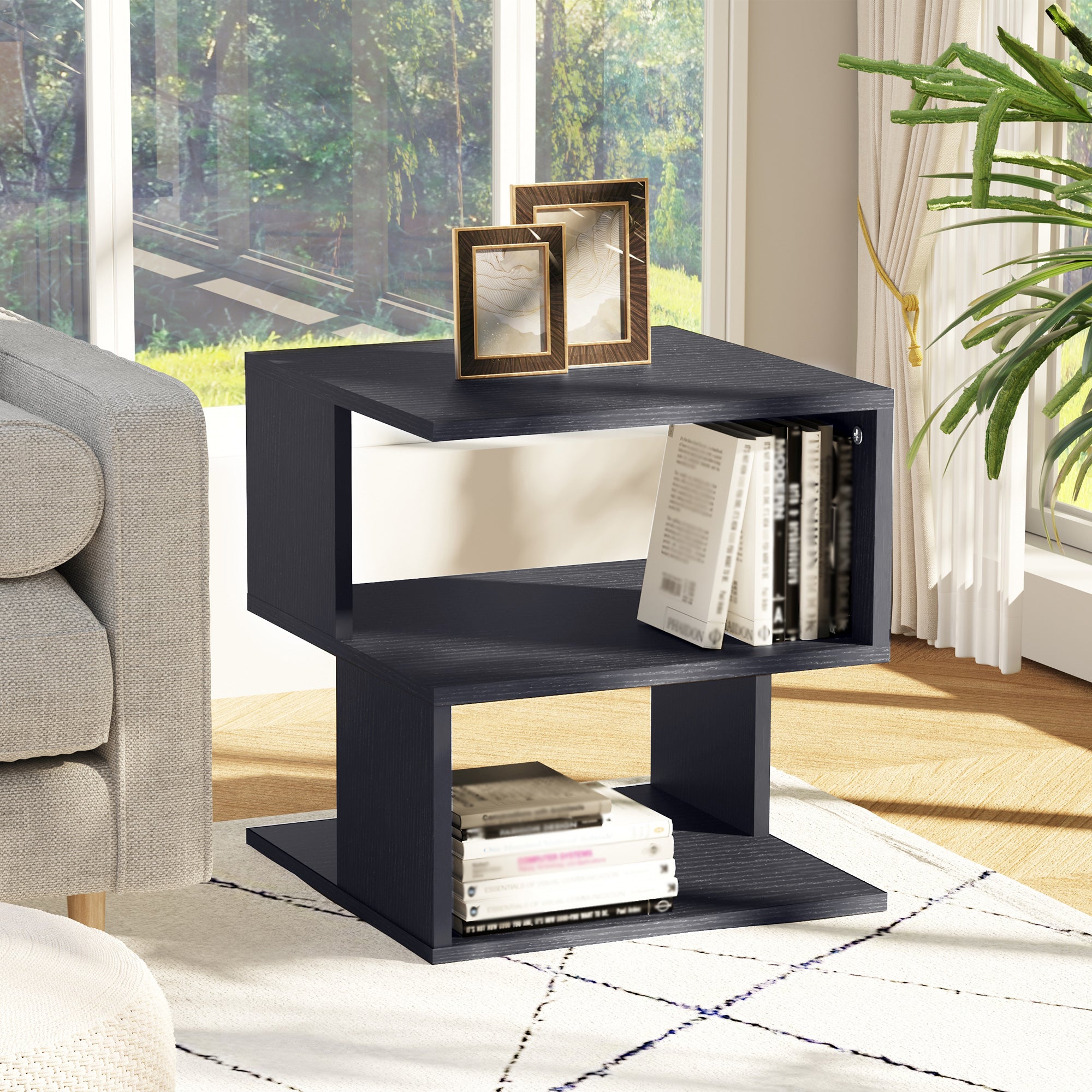 HOMCOM Side Table with Storage, Small End Table with 3-Tier Shelf, Square Coffee Table for Living Room, Black