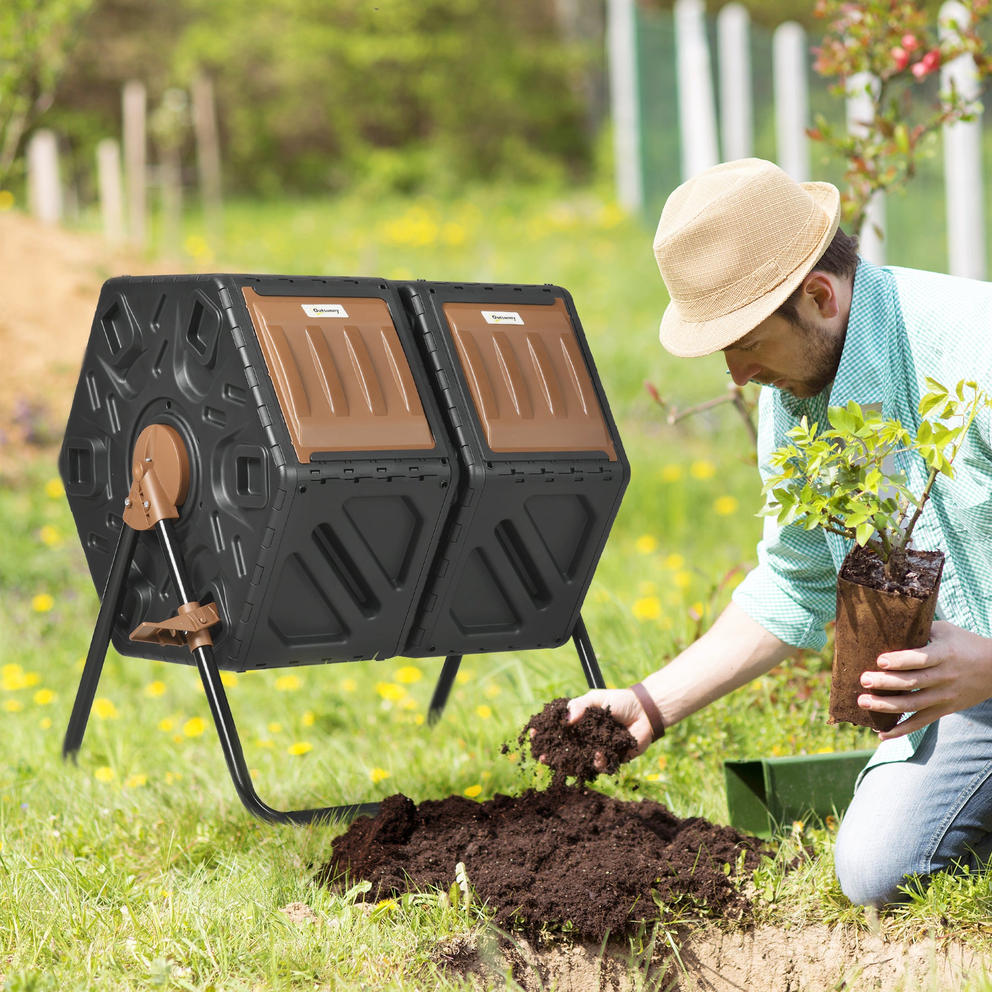 Outsunny 34.5 Gallon Dual Chamber Compost Bin, Rotating Composter, Compost Tumbler with 24 Ventilation Openings and Steel Legs, Brown