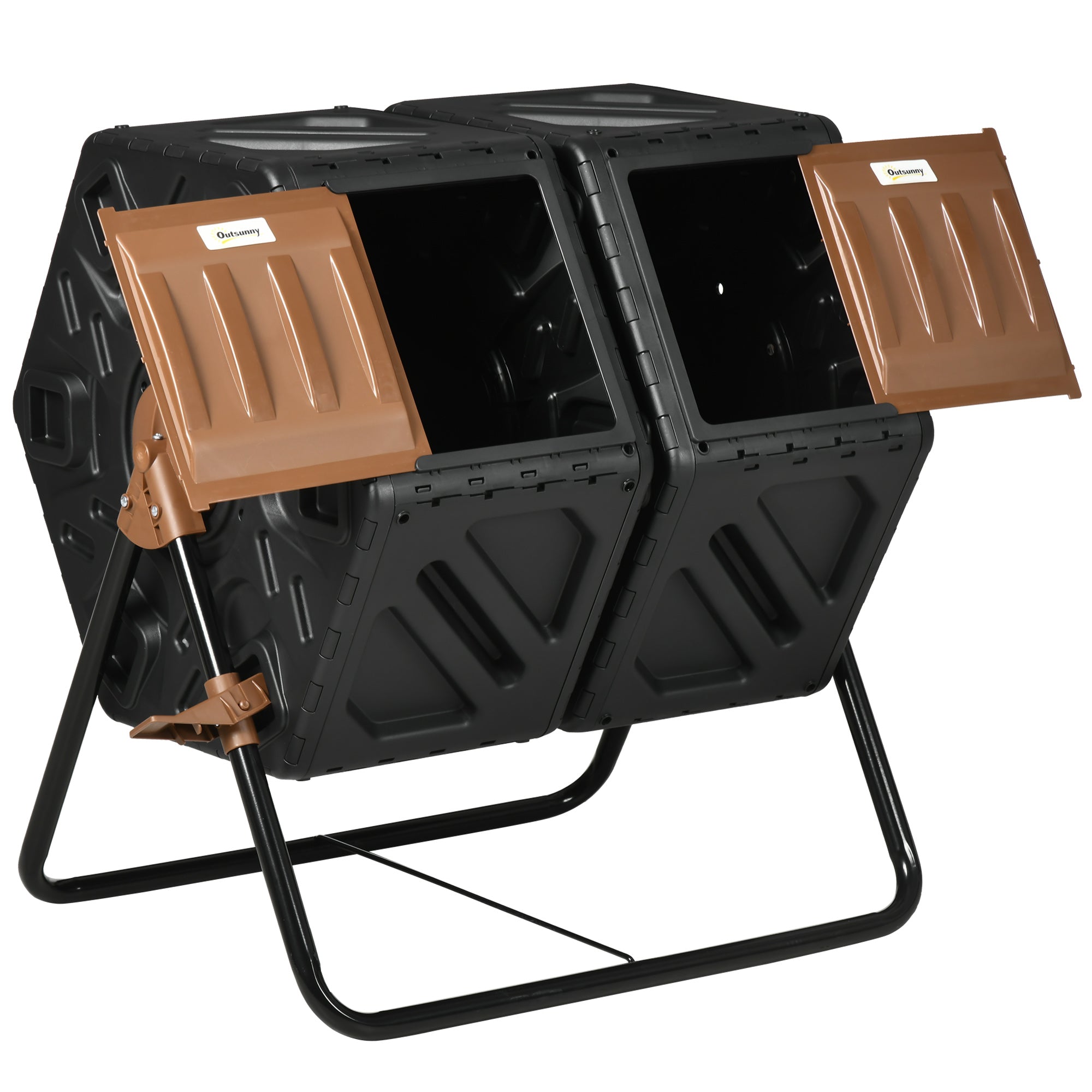 Outsunny 34.5 Gallon Dual Chamber Compost Bin, Rotating Composter, Compost Tumbler with 24 Ventilation Openings and Steel Legs, Brown