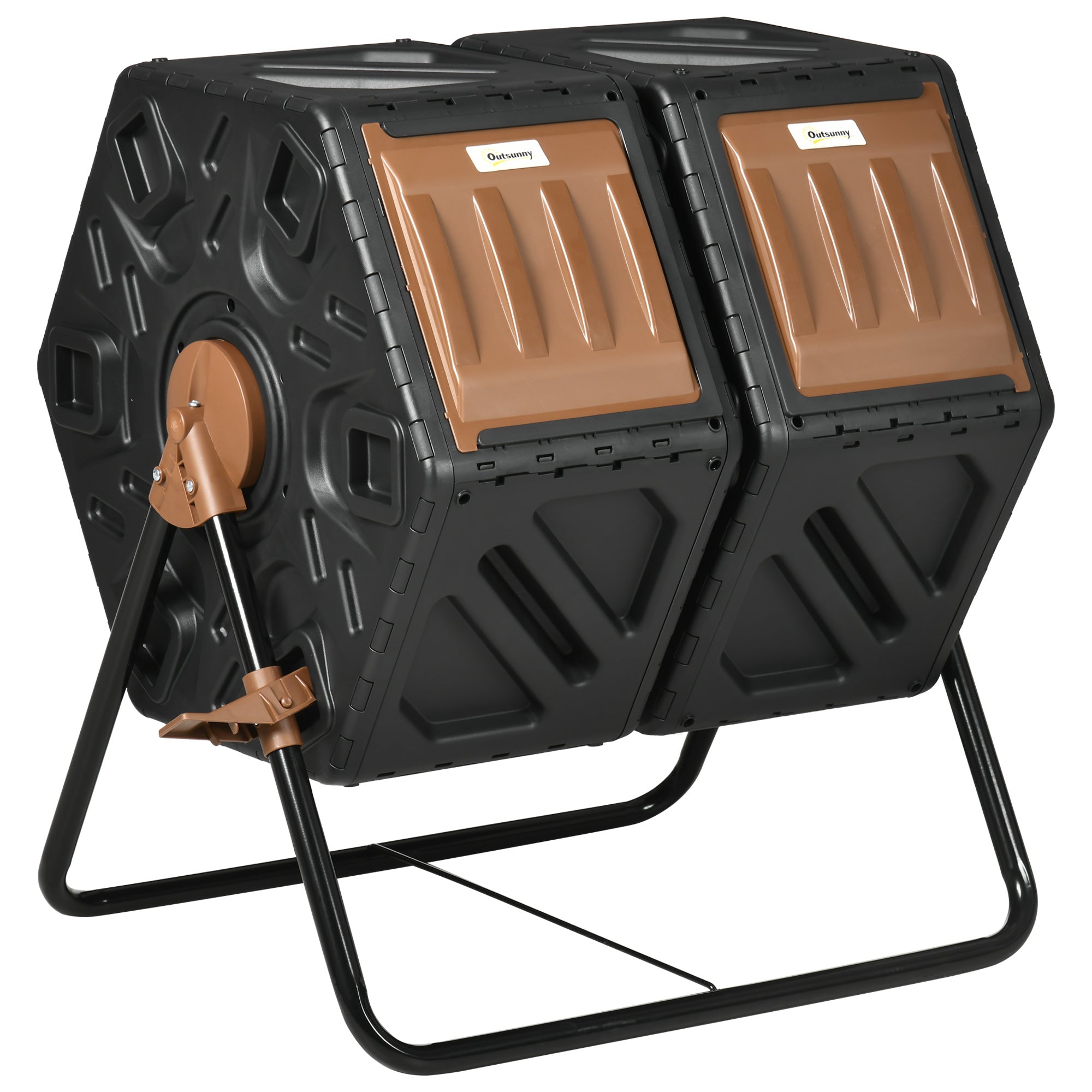 Outsunny 34.5 Gallon Dual Chamber Compost Bin, Rotating Composter, Compost Tumbler with 24 Ventilation Openings and Steel Legs, Brown