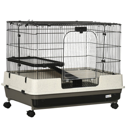 PawHut 2 Tier Rolling Small Animal Rabbit Cage Chinchillas Hutch Pet Play House with Platform Ramp Removable Tray 80 x 52.7 x 66 cm