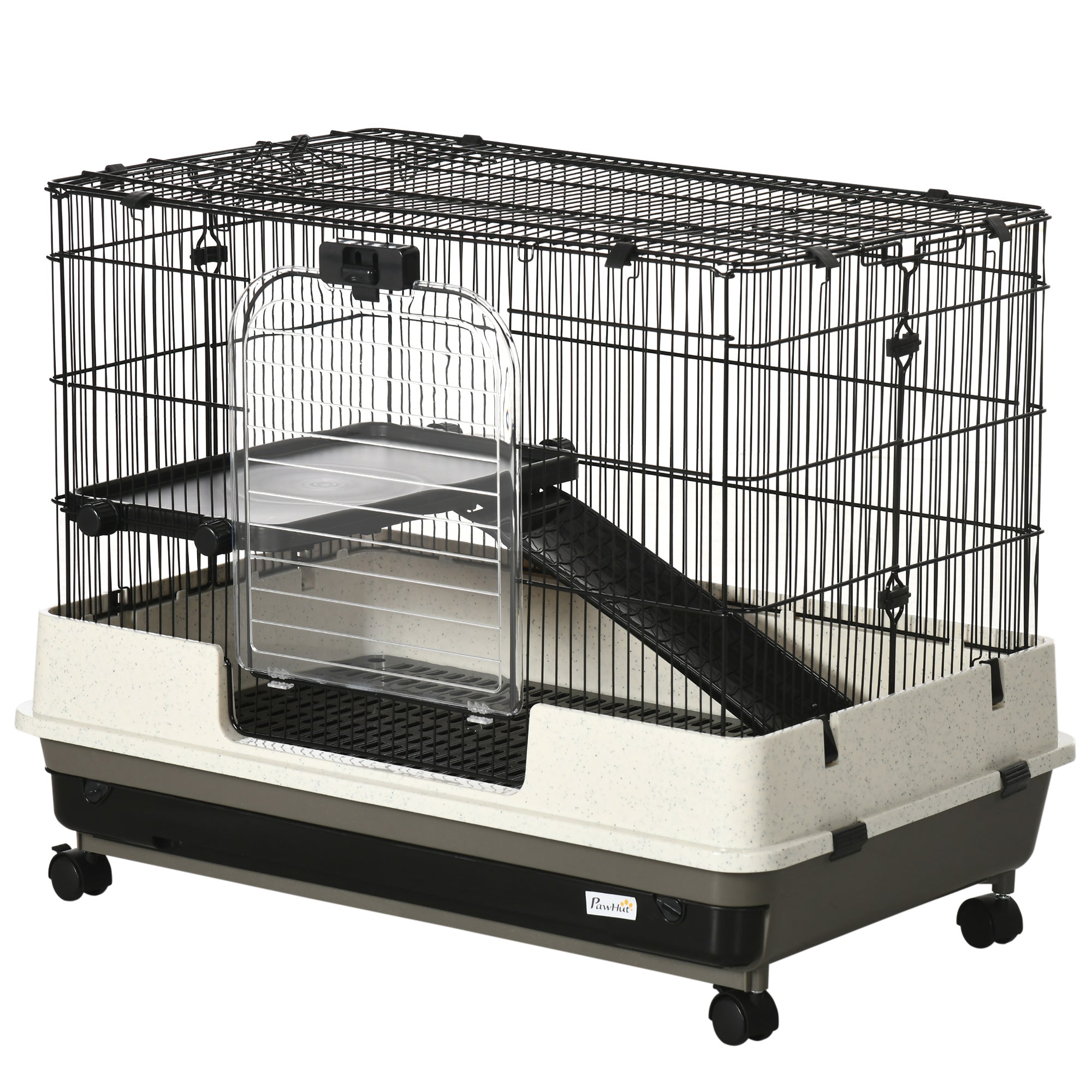 PawHut 2 Tier Rolling Small Animal Rabbit Cage Chinchillas Hutch Pet Play House with Platform Ramp Removable Tray 80 x 52.7 x 66 cm