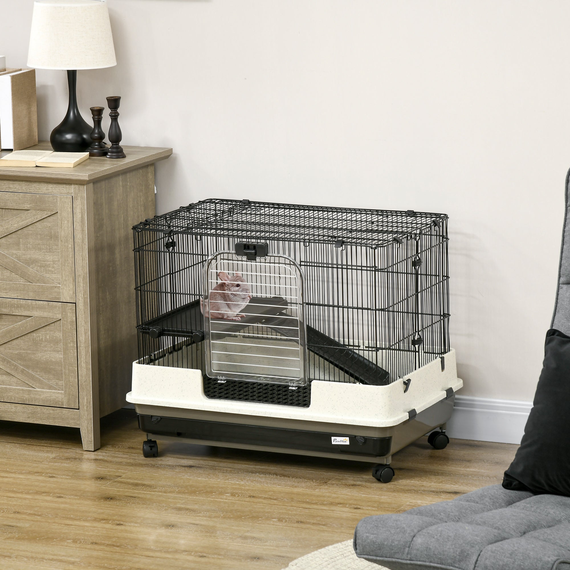 PawHut 2 Tier Rolling Small Animal Rabbit Cage Chinchillas Hutch Pet Play House with Platform Ramp Removable Tray 80 x 52.7 x 66 cm
