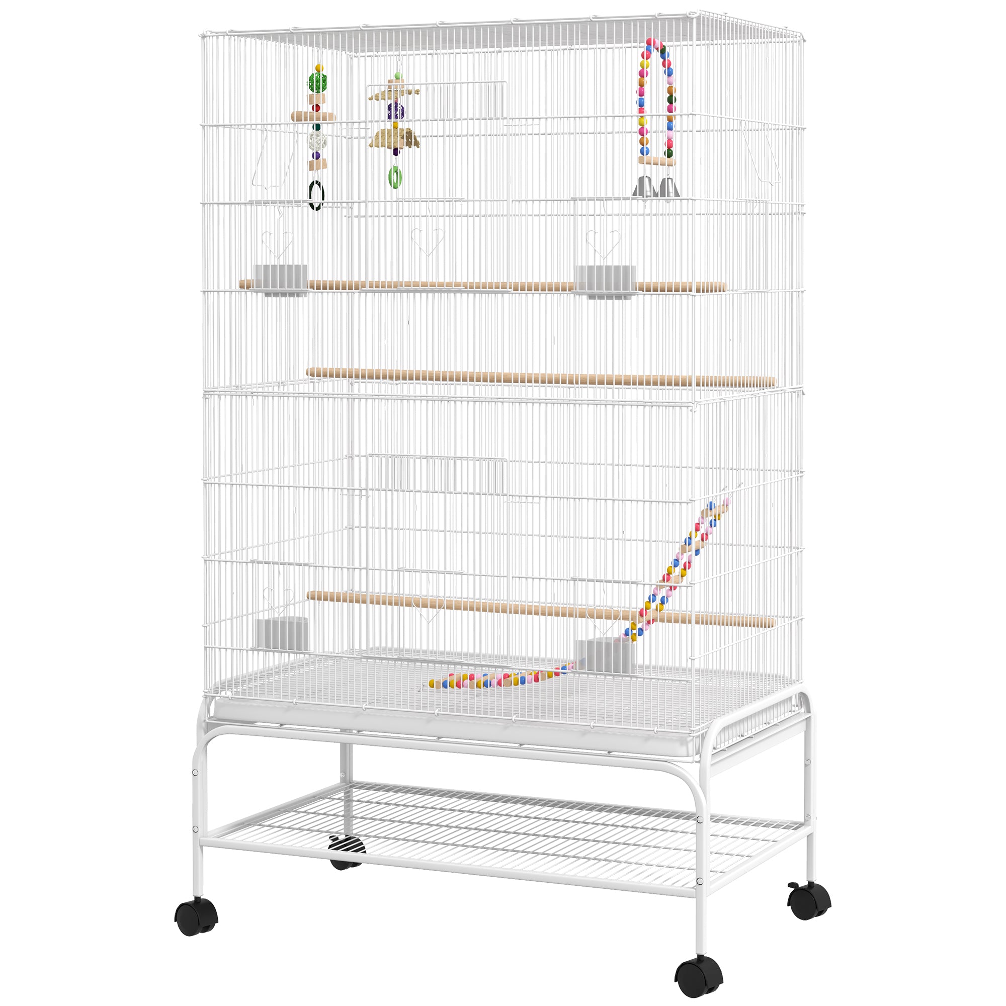 PawHut 52" Bird Cage for Budgies Cockatiels Canaries Lovebirds Finches with Rolling Stand, Toys, Removable Tray, Storage Shelf, White